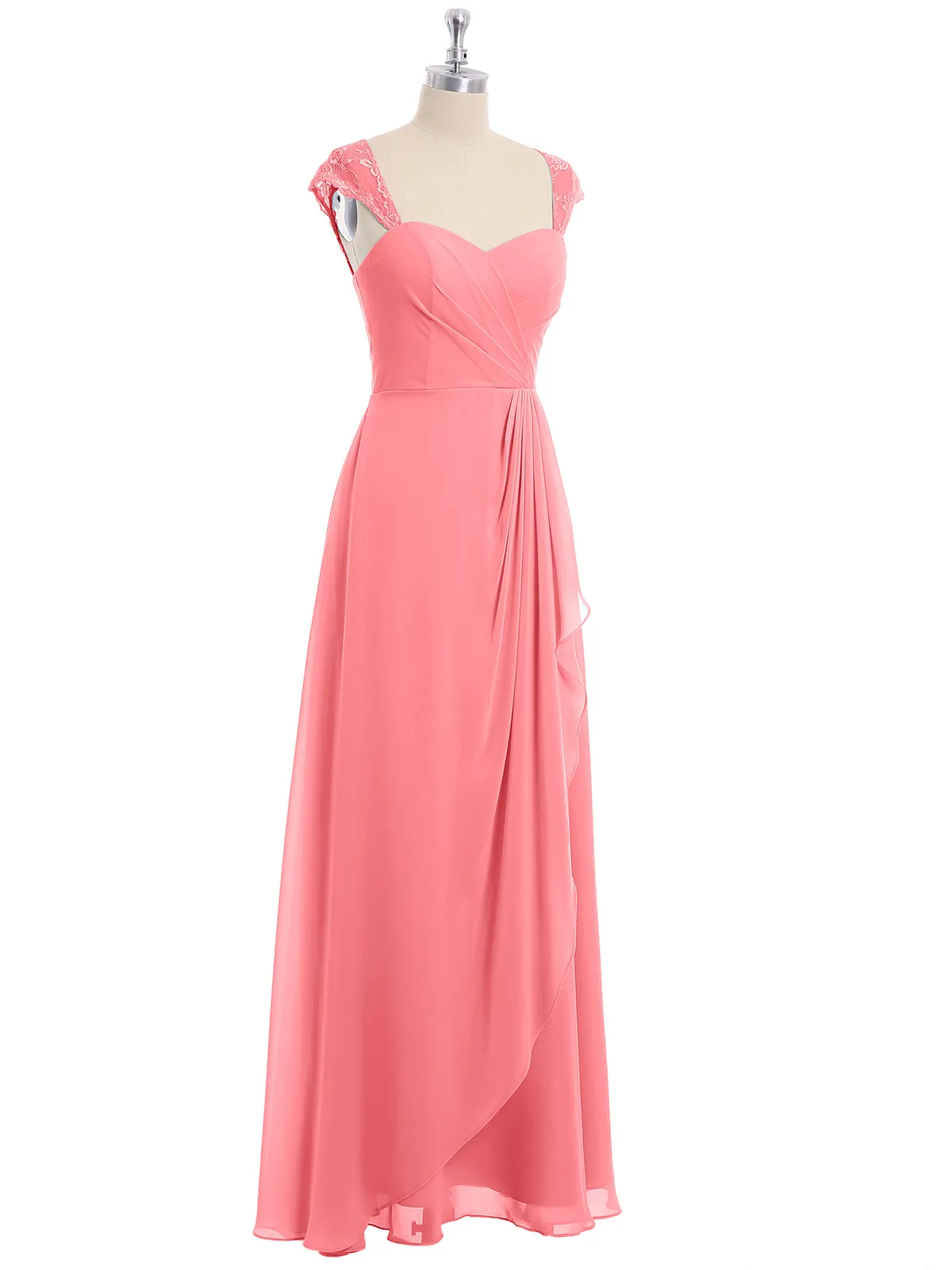 Chiffon Bridesmaid Dresses with Lace Cap Sleeves-Watermelon