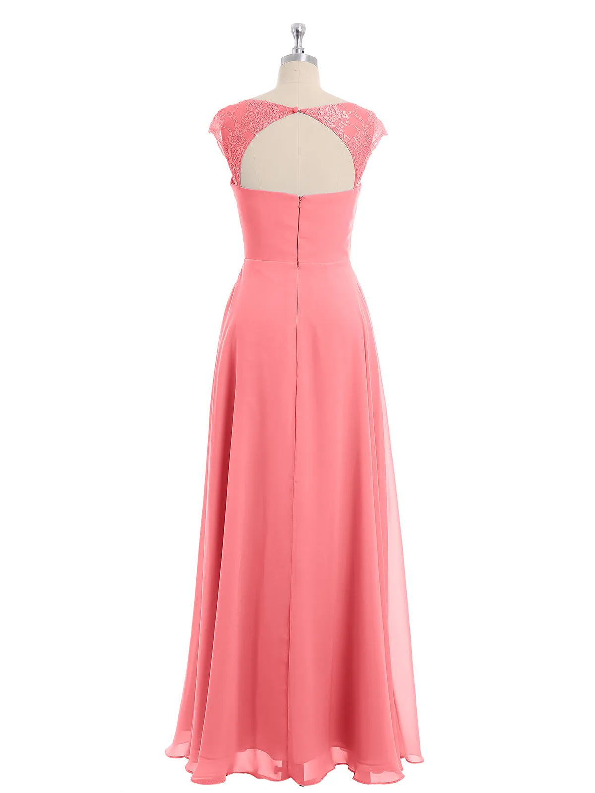 Chiffon Bridesmaid Dresses with Lace Cap Sleeves-Watermelon