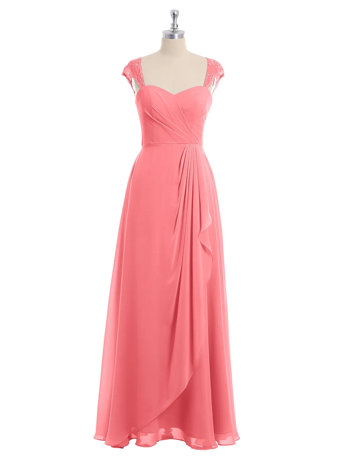 Chiffon Bridesmaid Dresses with Lace Cap Sleeves-Watermelon
