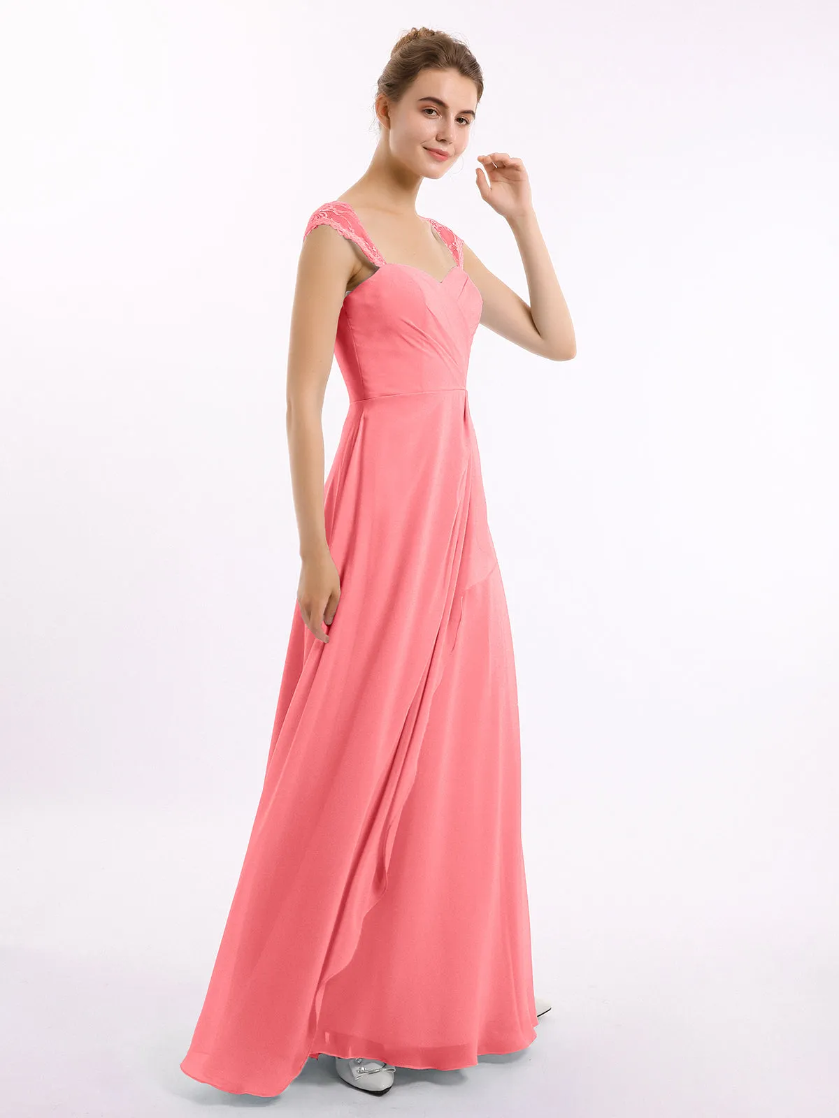 Chiffon Bridesmaid Dresses with Lace Cap Sleeves-Watermelon