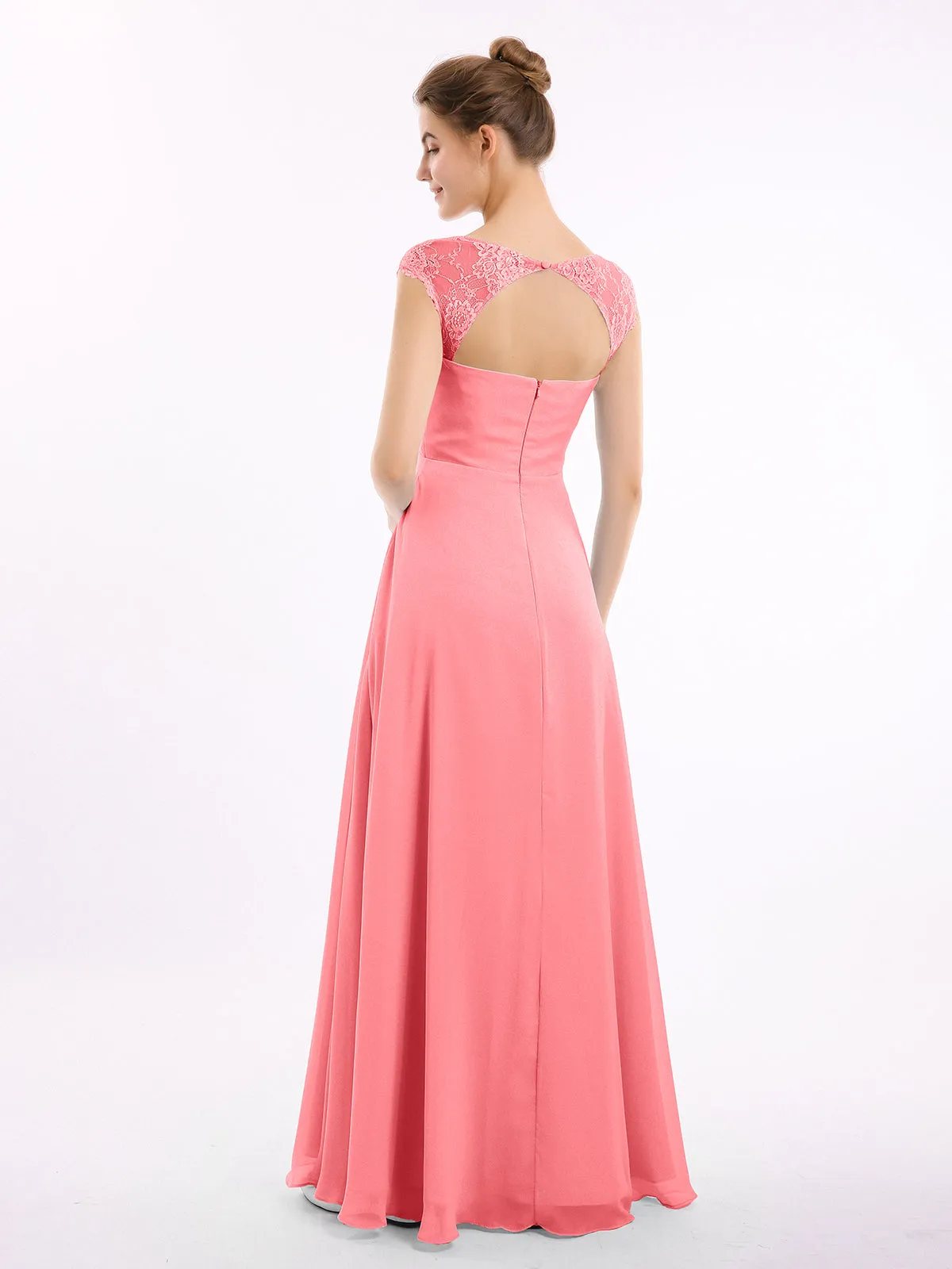 Chiffon Bridesmaid Dresses with Lace Cap Sleeves-Watermelon