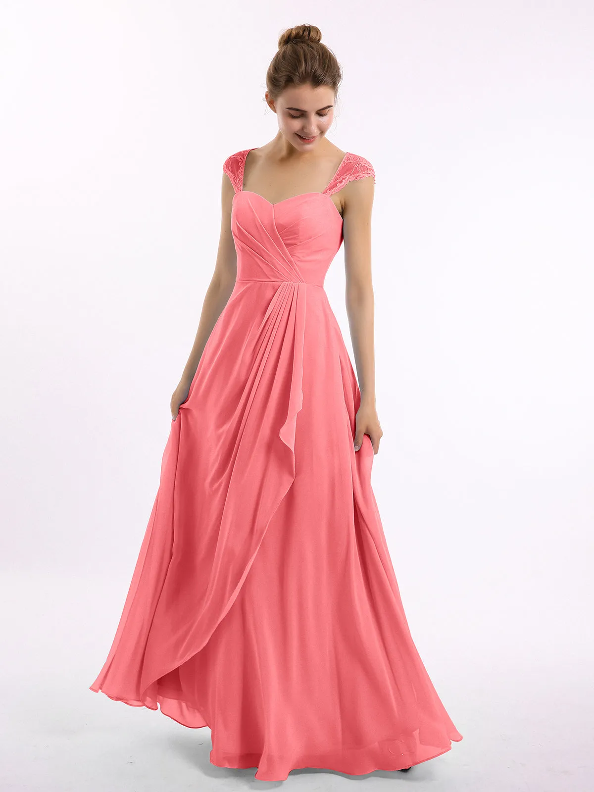 Chiffon Bridesmaid Dresses with Lace Cap Sleeves-Watermelon