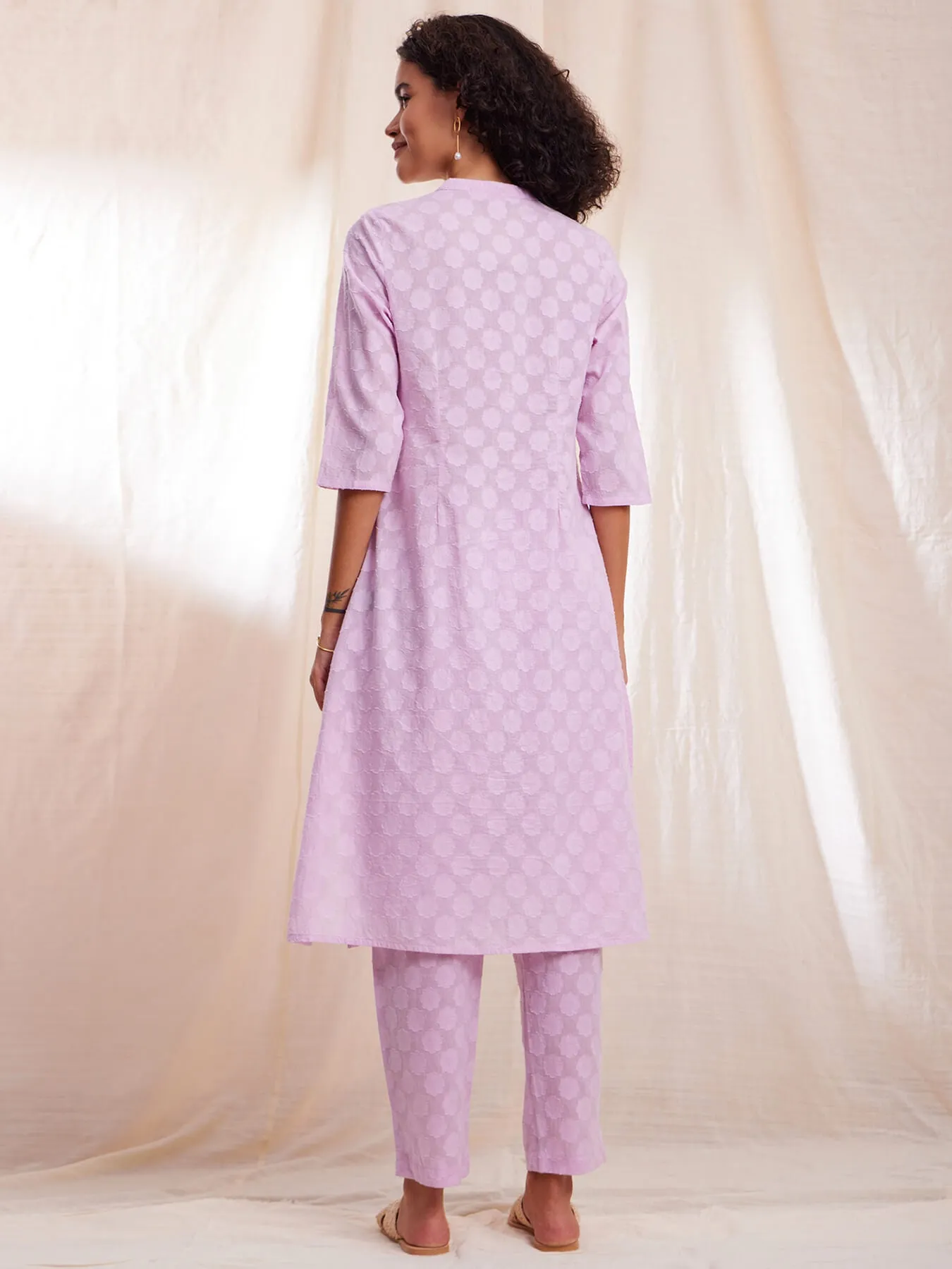 Cotton Jacquard A-line Kurta Set - Lilac