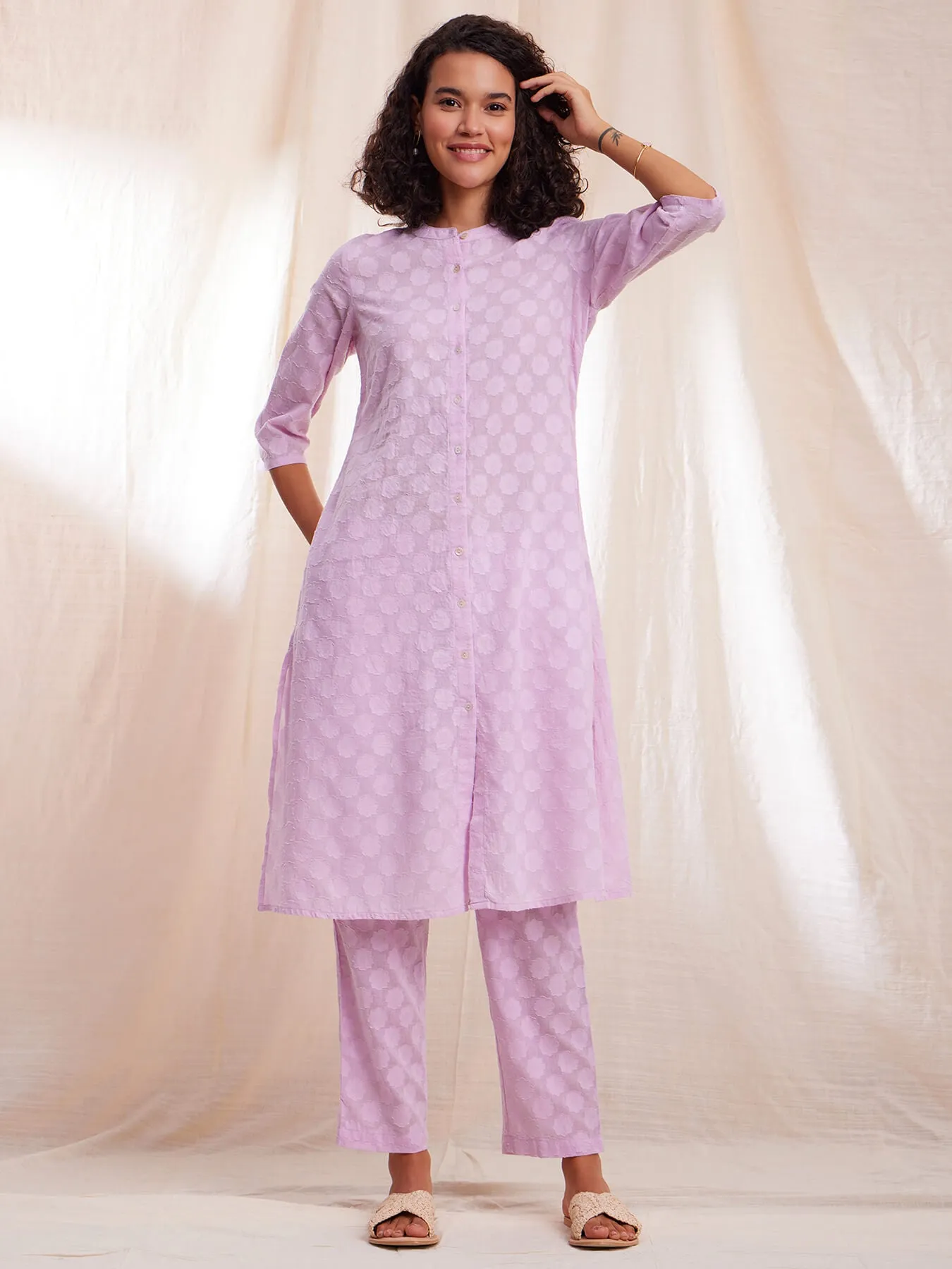 Cotton Jacquard A-line Kurta Set - Lilac