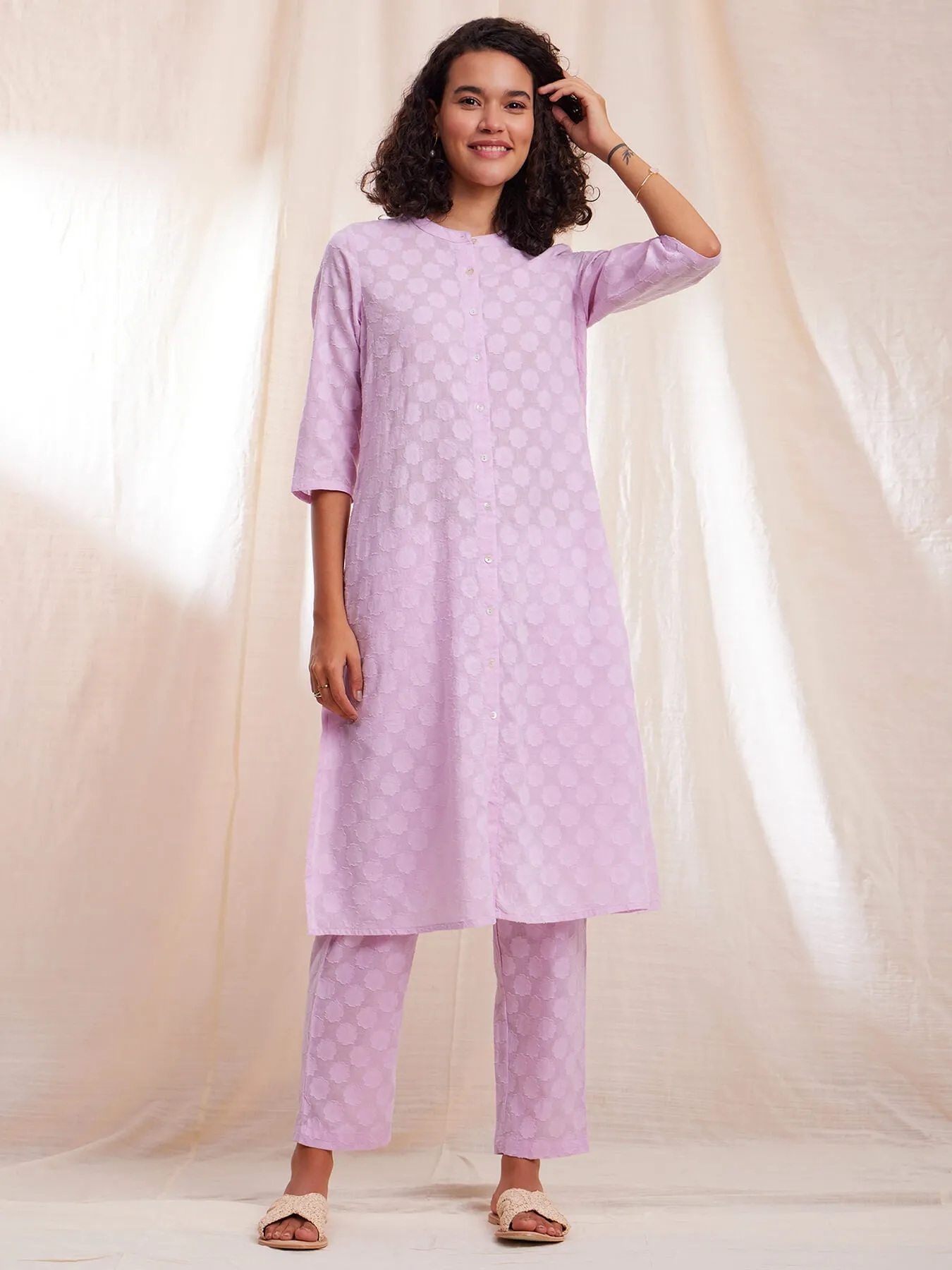 Cotton Jacquard A-line Kurta Set - Lilac