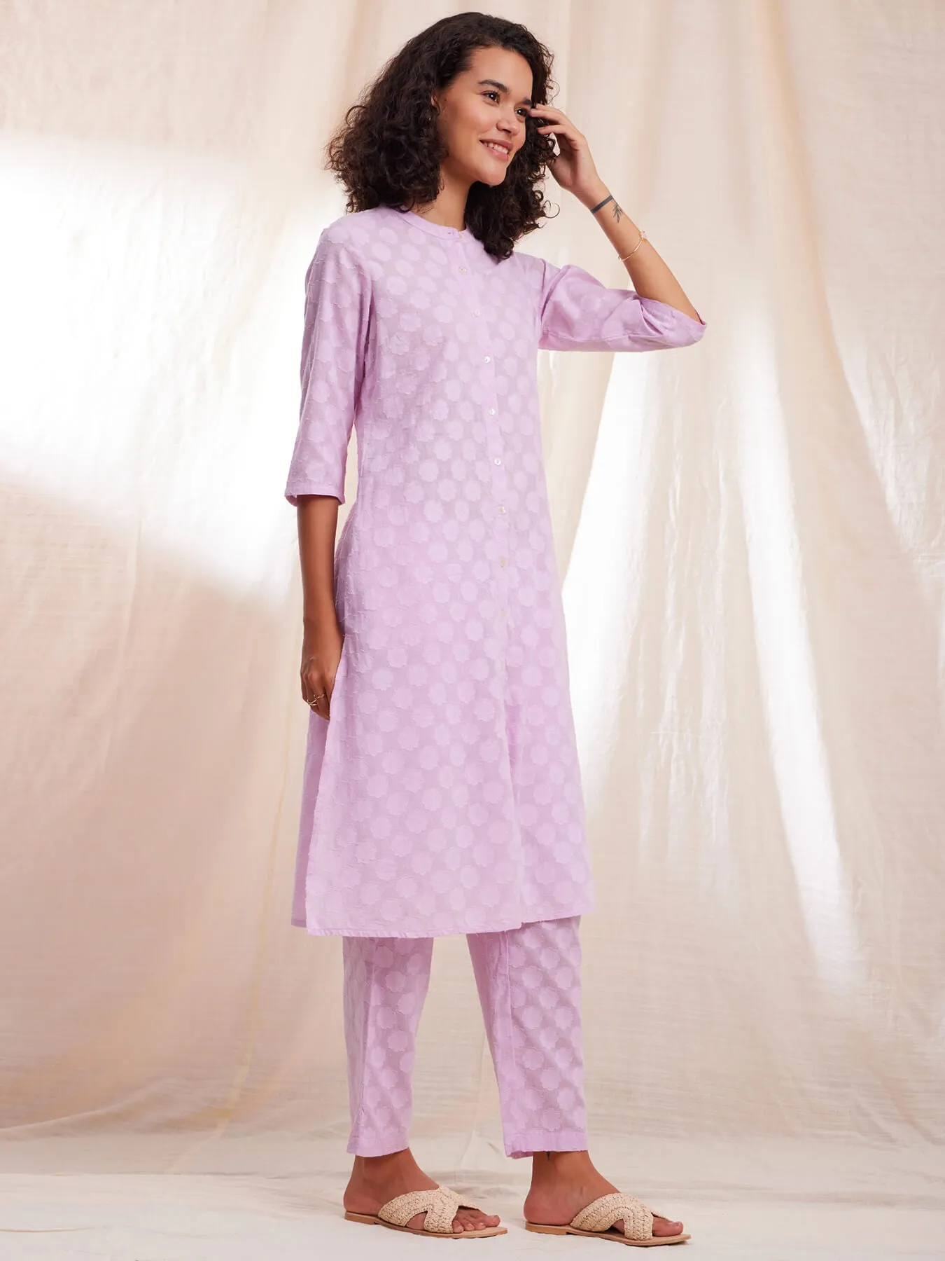 Cotton Jacquard A-line Kurta Set - Lilac