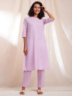 Cotton Jacquard A-line Kurta Set - Lilac