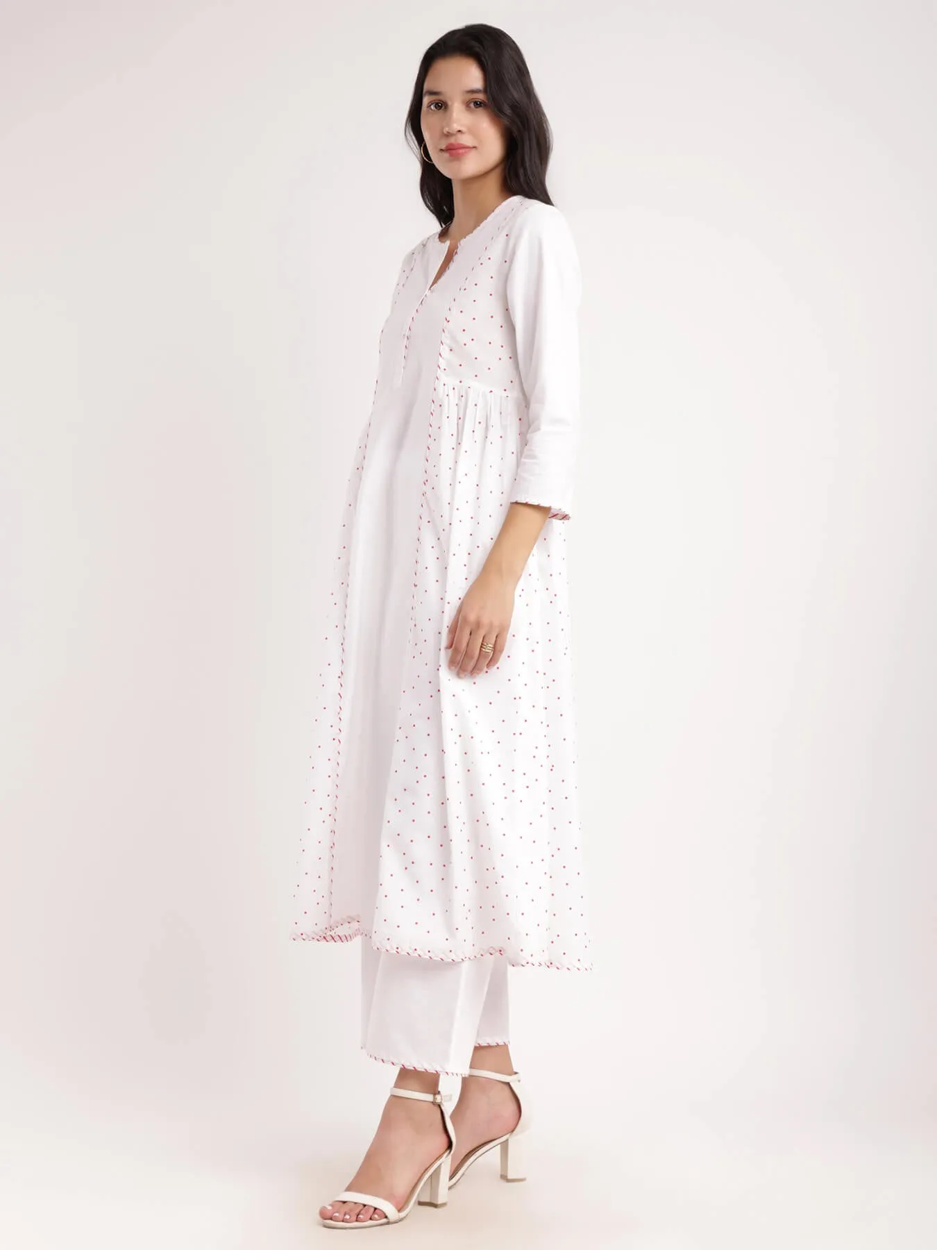 Cotton Polka & Striped Kurta Set - White