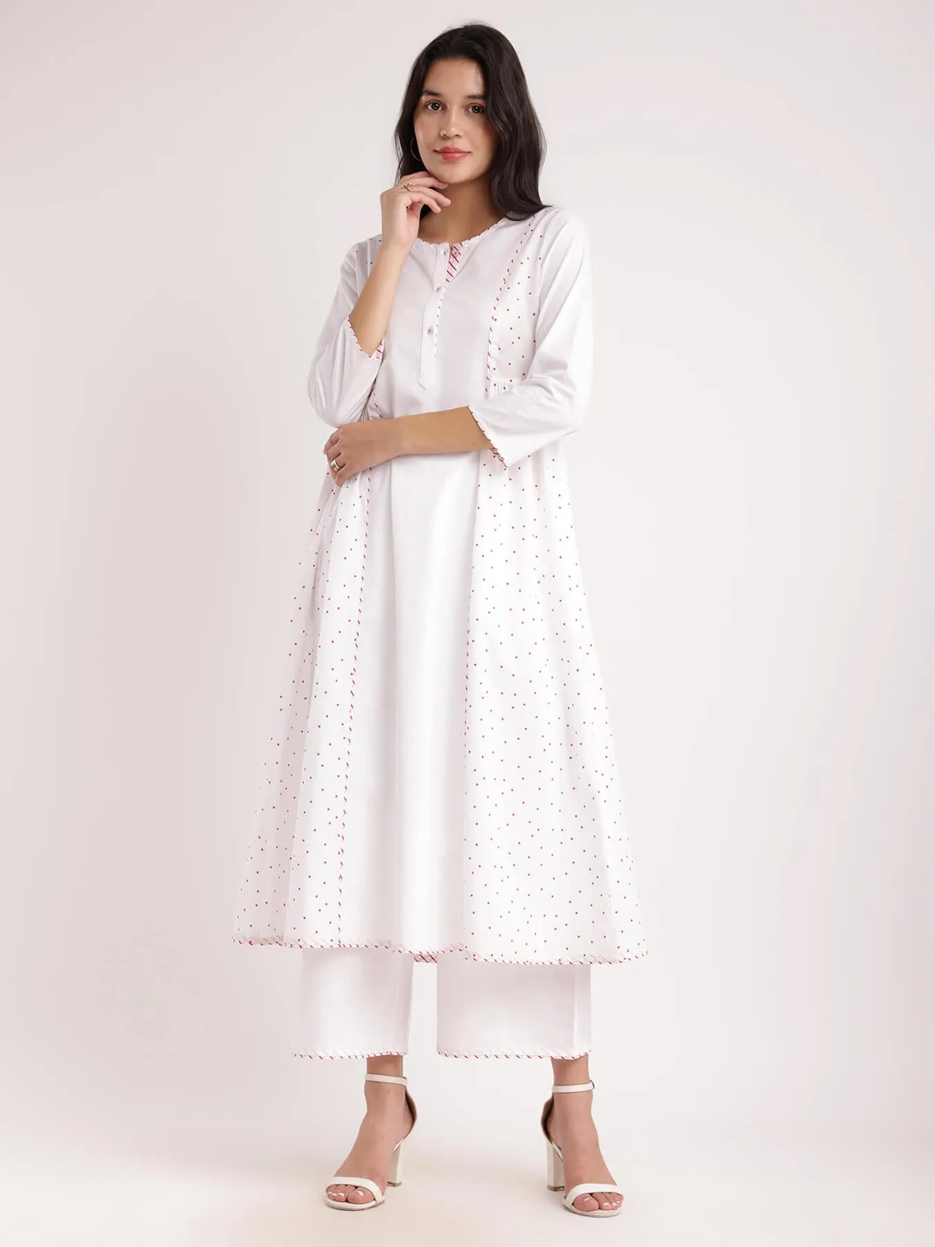 Cotton Polka & Striped Kurta Set - White
