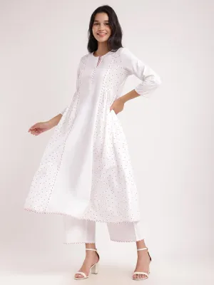 Cotton Polka & Striped Kurta Set - White