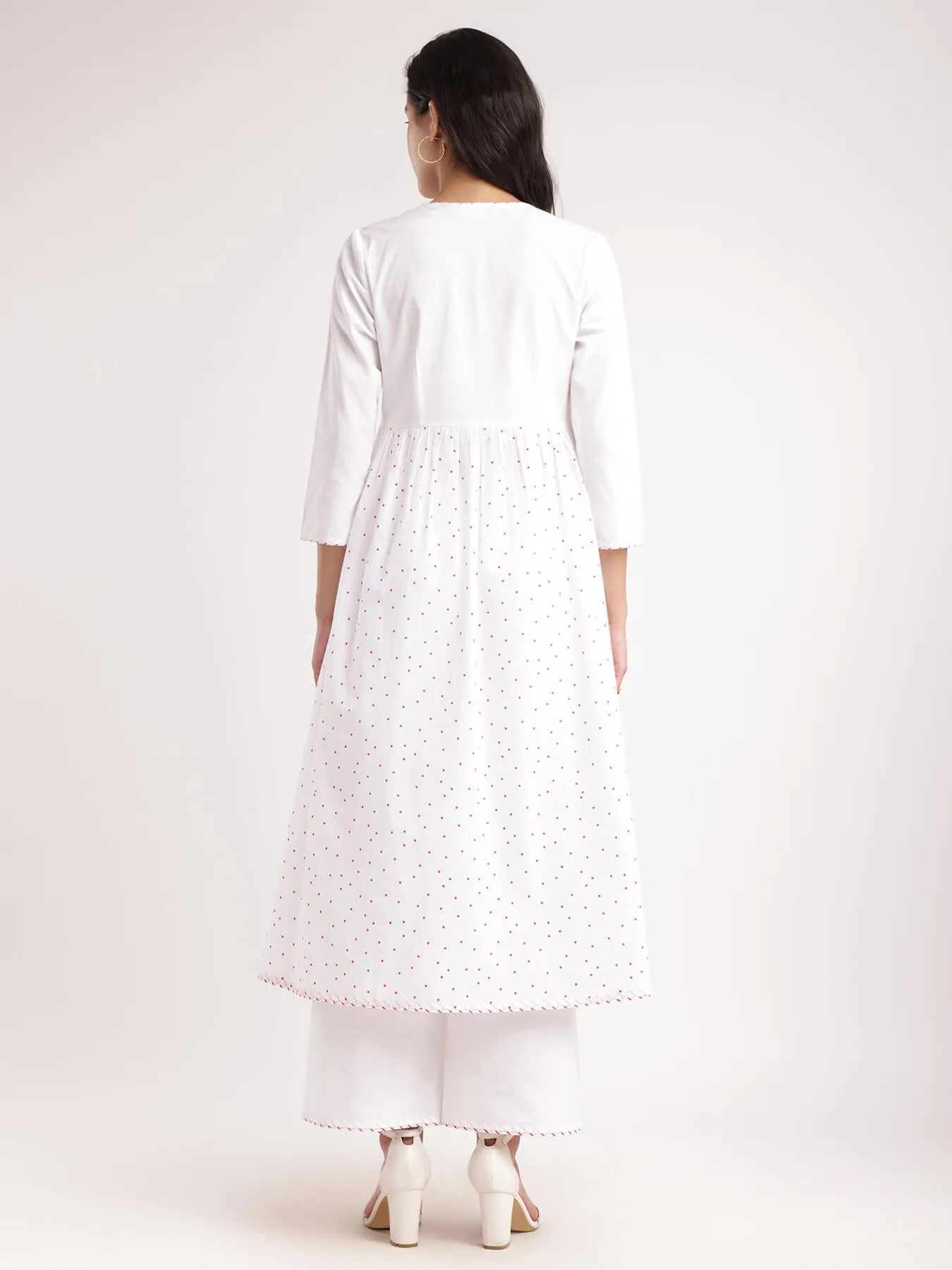 Cotton Polka & Striped Kurta Set - White