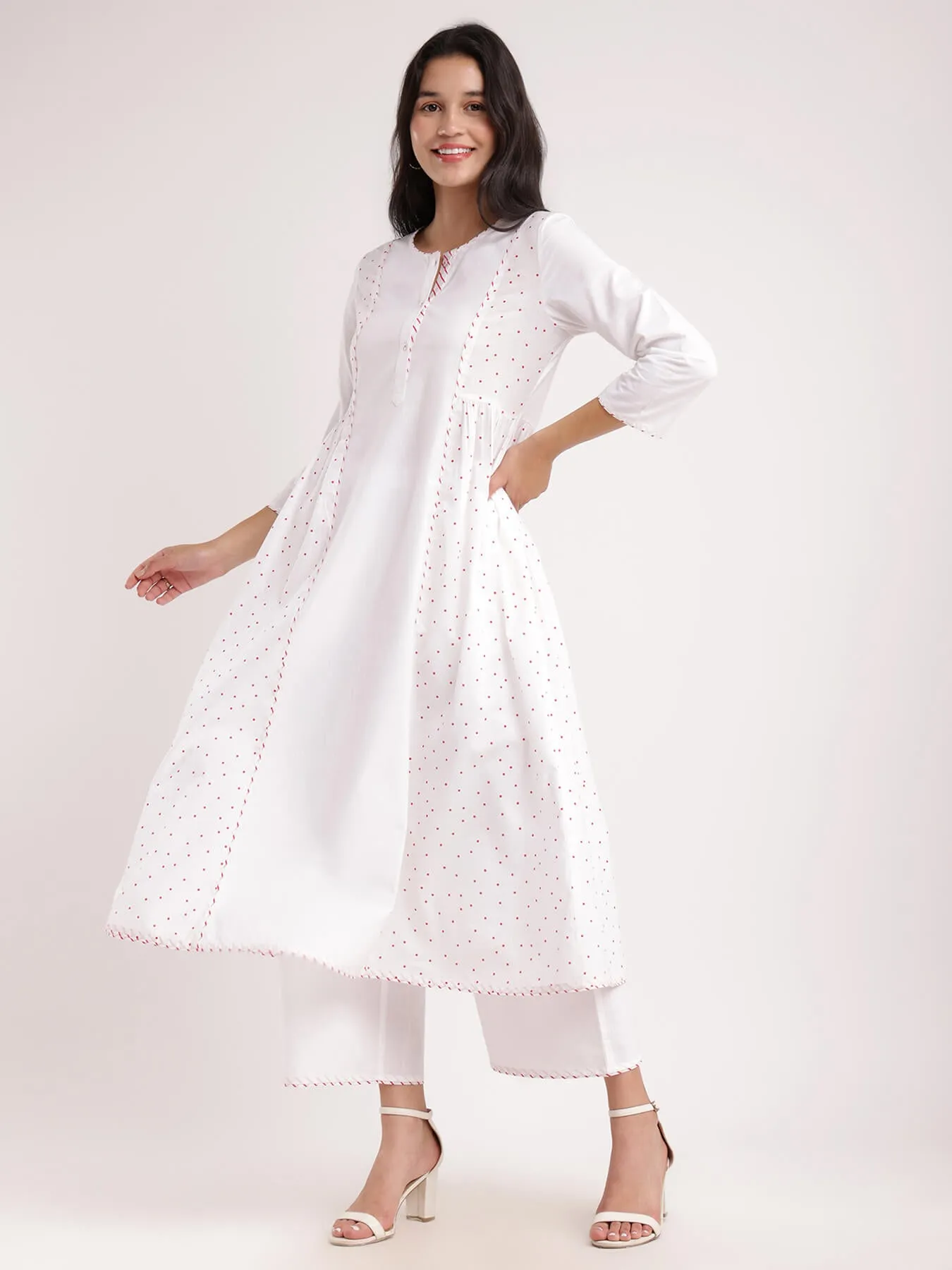 Cotton Polka & Striped Kurta Set - White