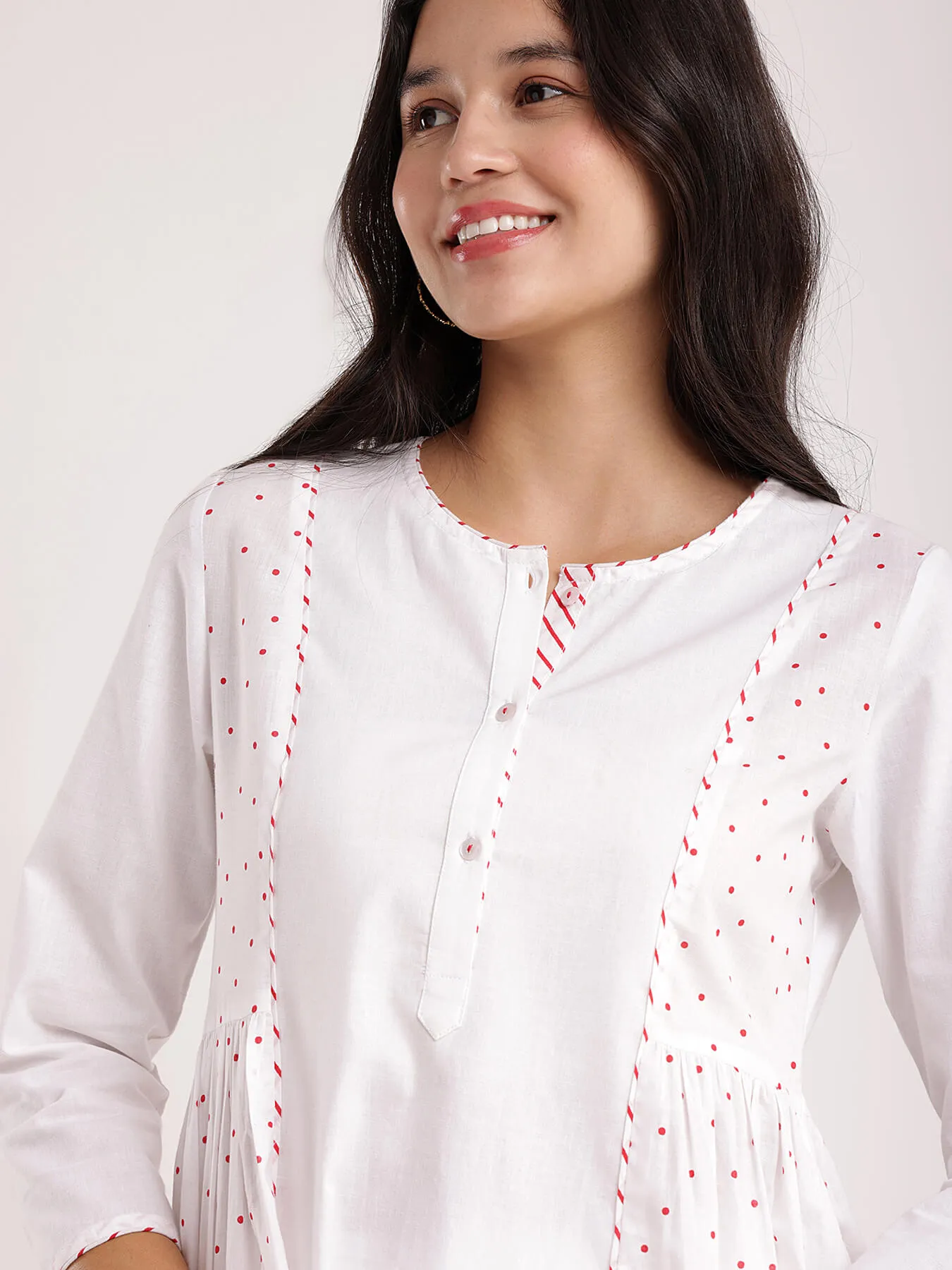 Cotton Polka & Striped Kurta Set - White