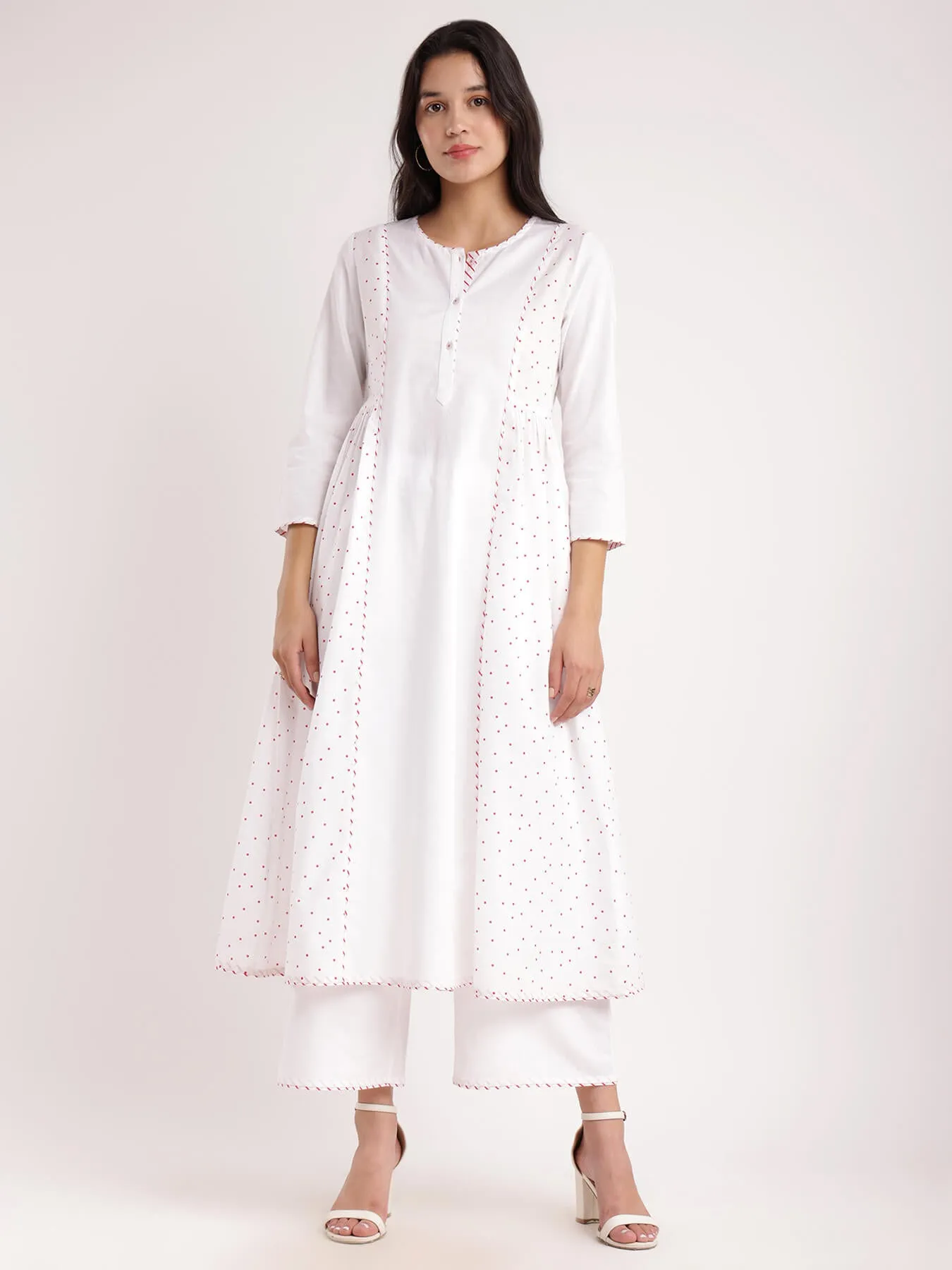 Cotton Polka & Striped Kurta Set - White