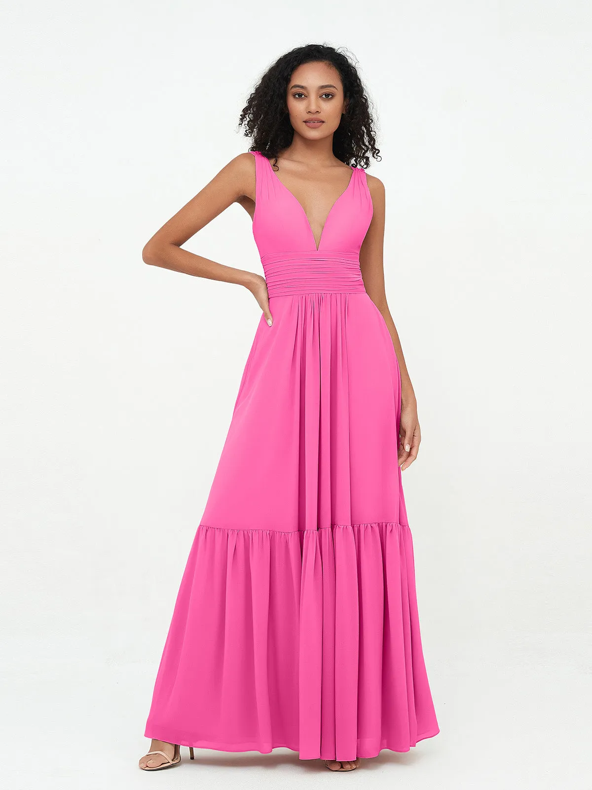 Deep-V Neck Chiffon Tiered Skirt Boho Dresses-Azalea