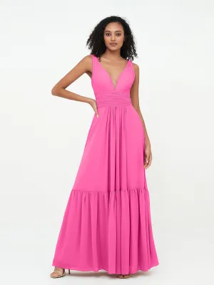 Deep-V Neck Chiffon Tiered Skirt Boho Dresses-Azalea