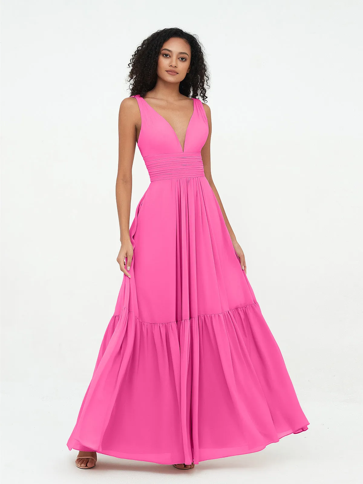 Deep-V Neck Chiffon Tiered Skirt Boho Dresses-Azalea