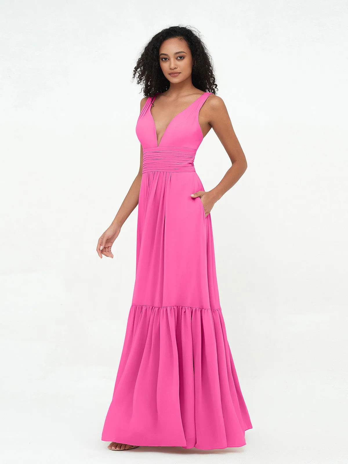 Deep-V Neck Chiffon Tiered Skirt Boho Dresses-Azalea