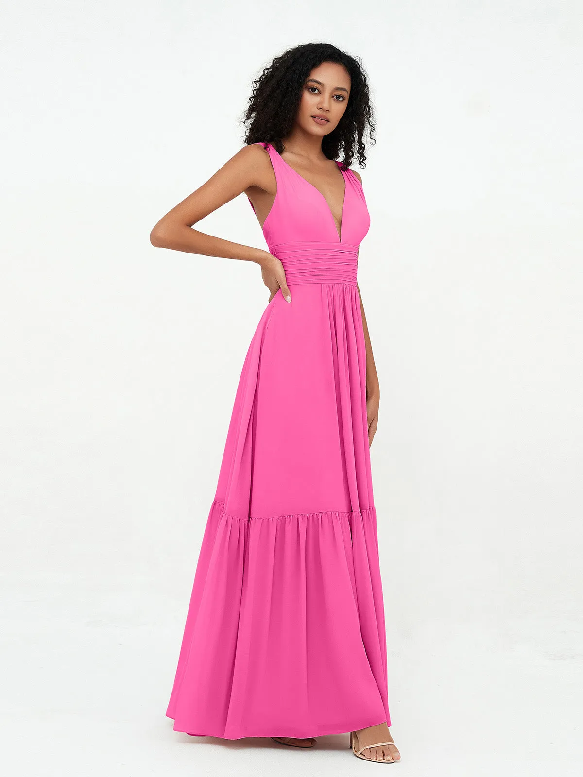 Deep-V Neck Chiffon Tiered Skirt Boho Dresses-Azalea