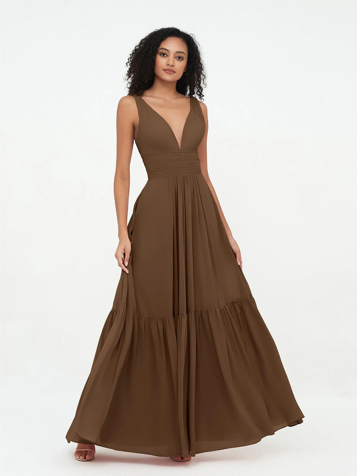 Deep-V Neck Chiffon Tiered Skirt Boho Dresses-Brown