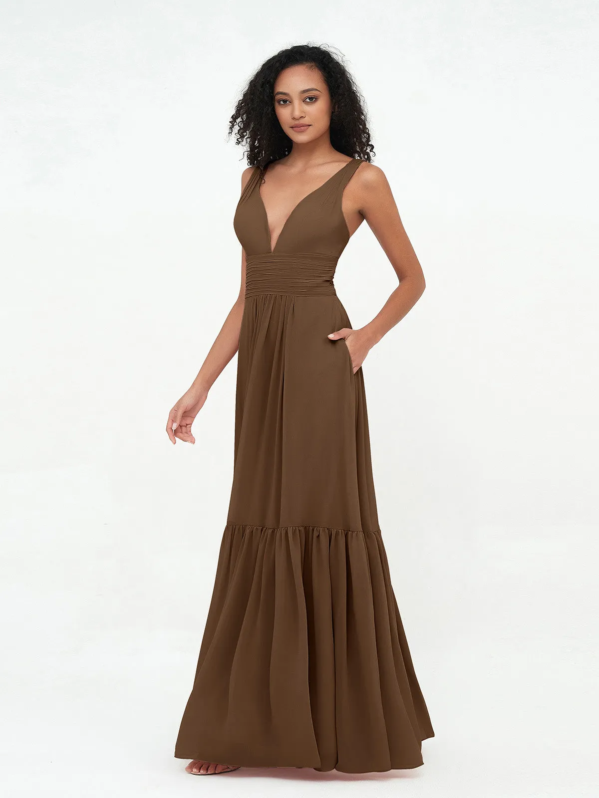 Deep-V Neck Chiffon Tiered Skirt Boho Dresses-Brown