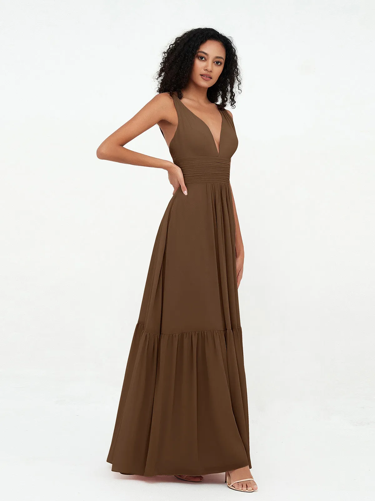 Deep-V Neck Chiffon Tiered Skirt Boho Dresses-Brown