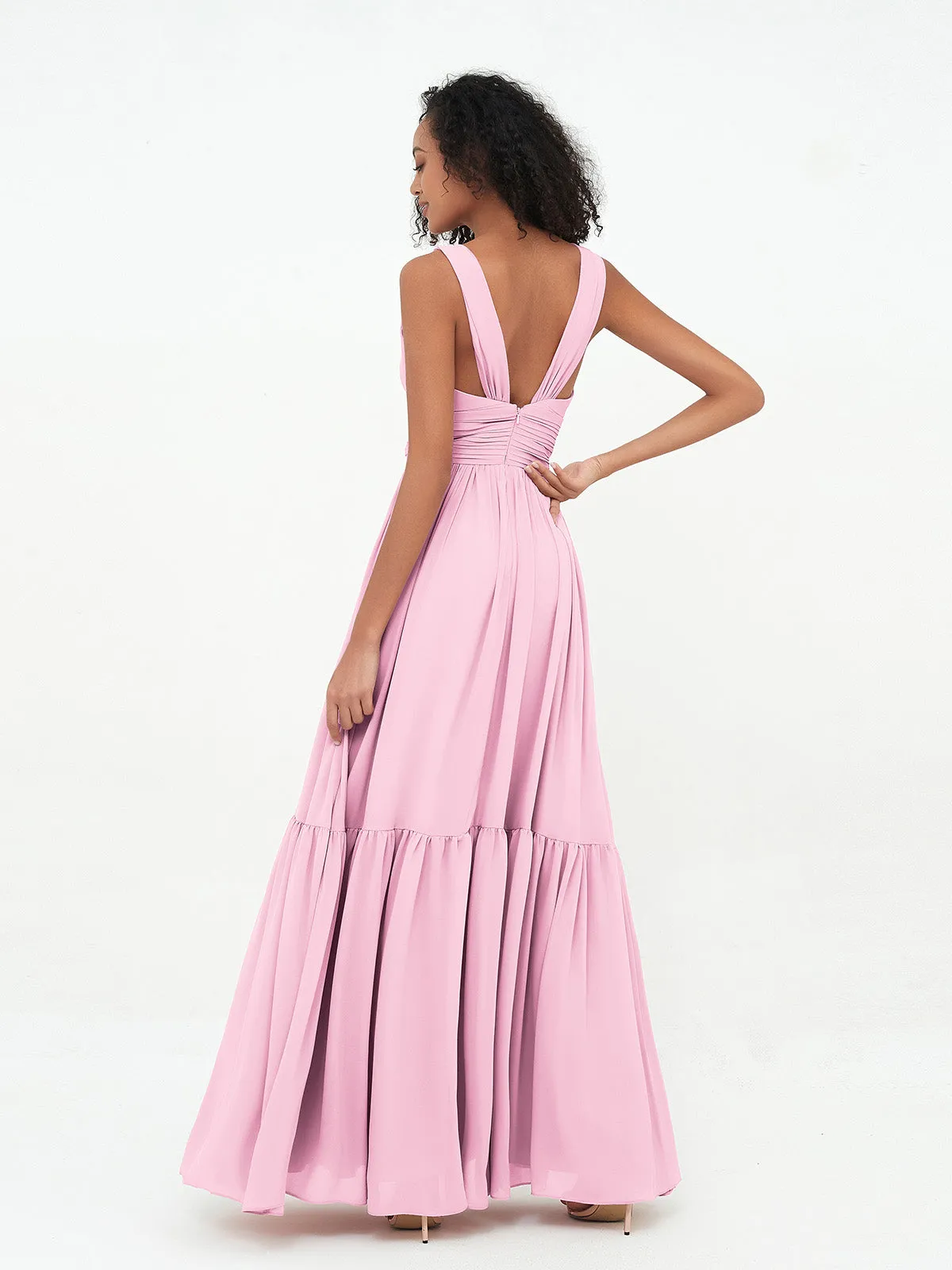 Deep-V Neck Chiffon Tiered Skirt Boho Dresses-Candy Pink Plus Size
