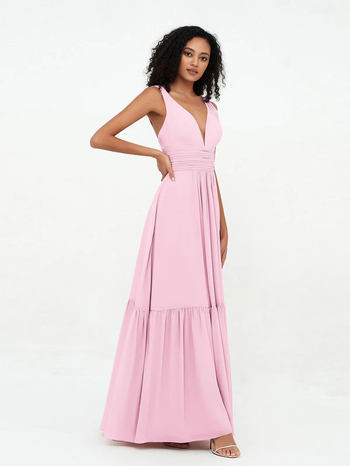 Deep-V Neck Chiffon Tiered Skirt Boho Dresses-Candy Pink Plus Size
