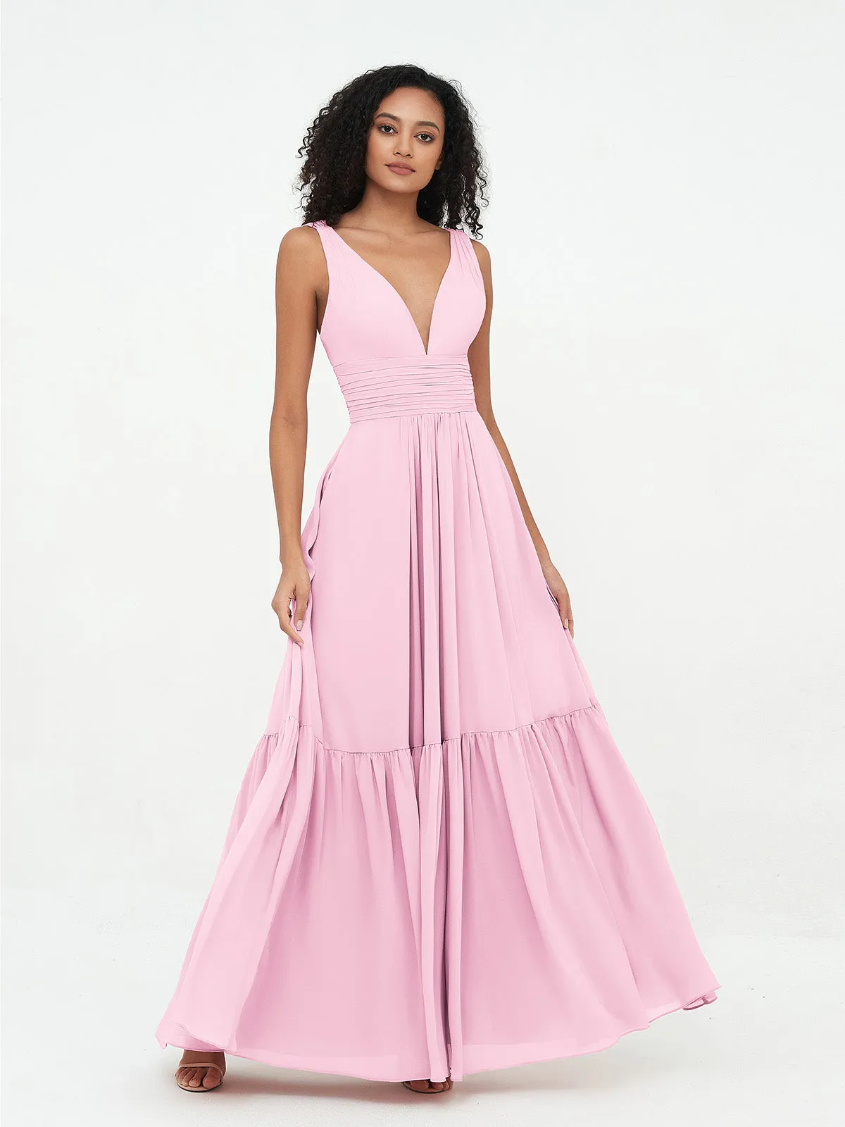 Deep-V Neck Chiffon Tiered Skirt Boho Dresses-Candy Pink Plus Size