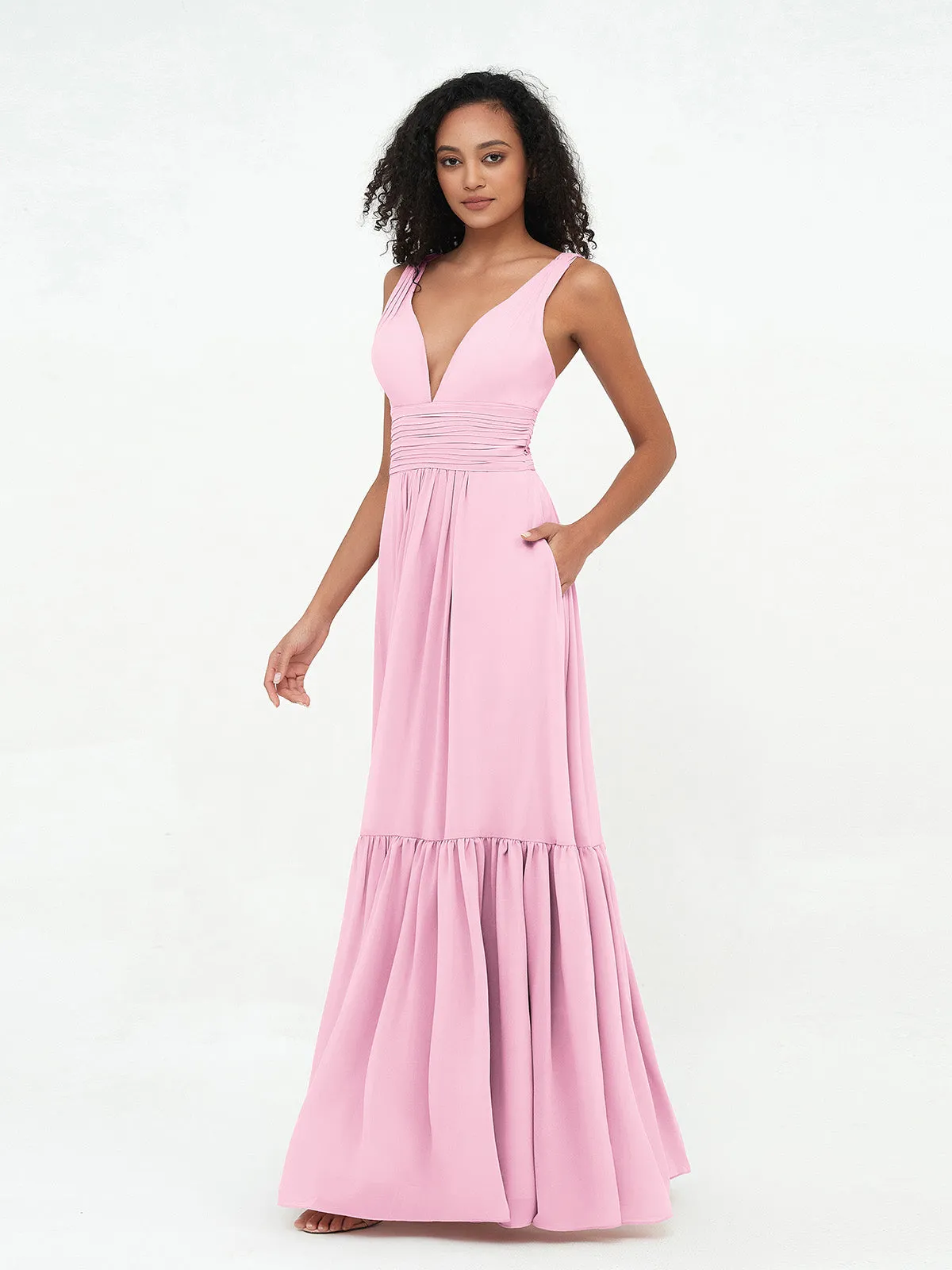 Deep-V Neck Chiffon Tiered Skirt Boho Dresses-Candy Pink Plus Size