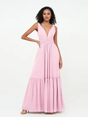 Deep-V Neck Chiffon Tiered Skirt Boho Dresses-Candy Pink Plus Size