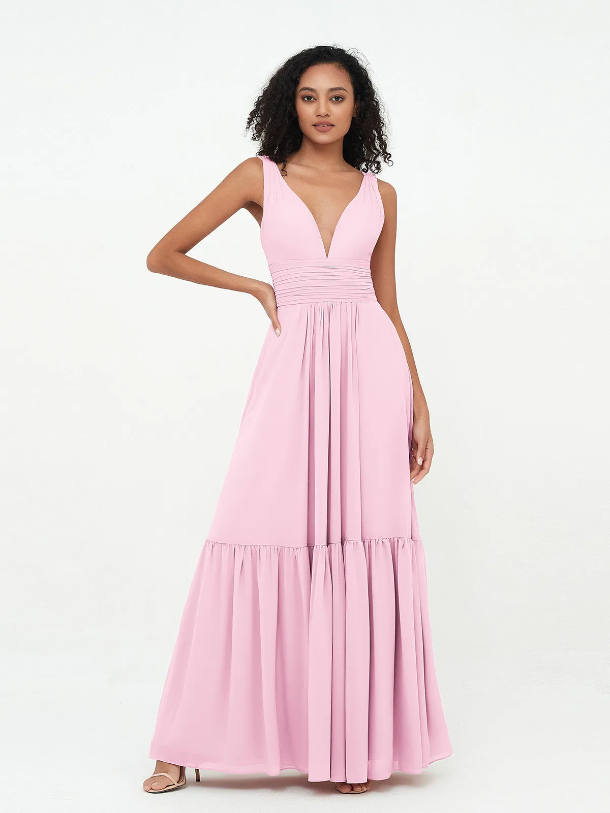 Deep-V Neck Chiffon Tiered Skirt Boho Dresses-Candy Pink Plus Size