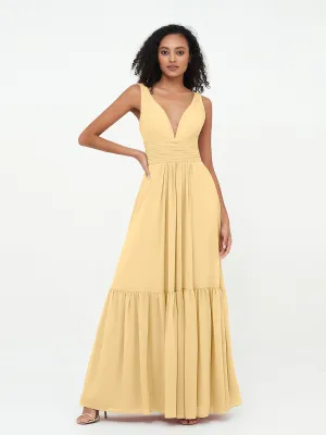 Deep-V Neck Chiffon Tiered Skirt Boho Dresses-Gold Plus Size
