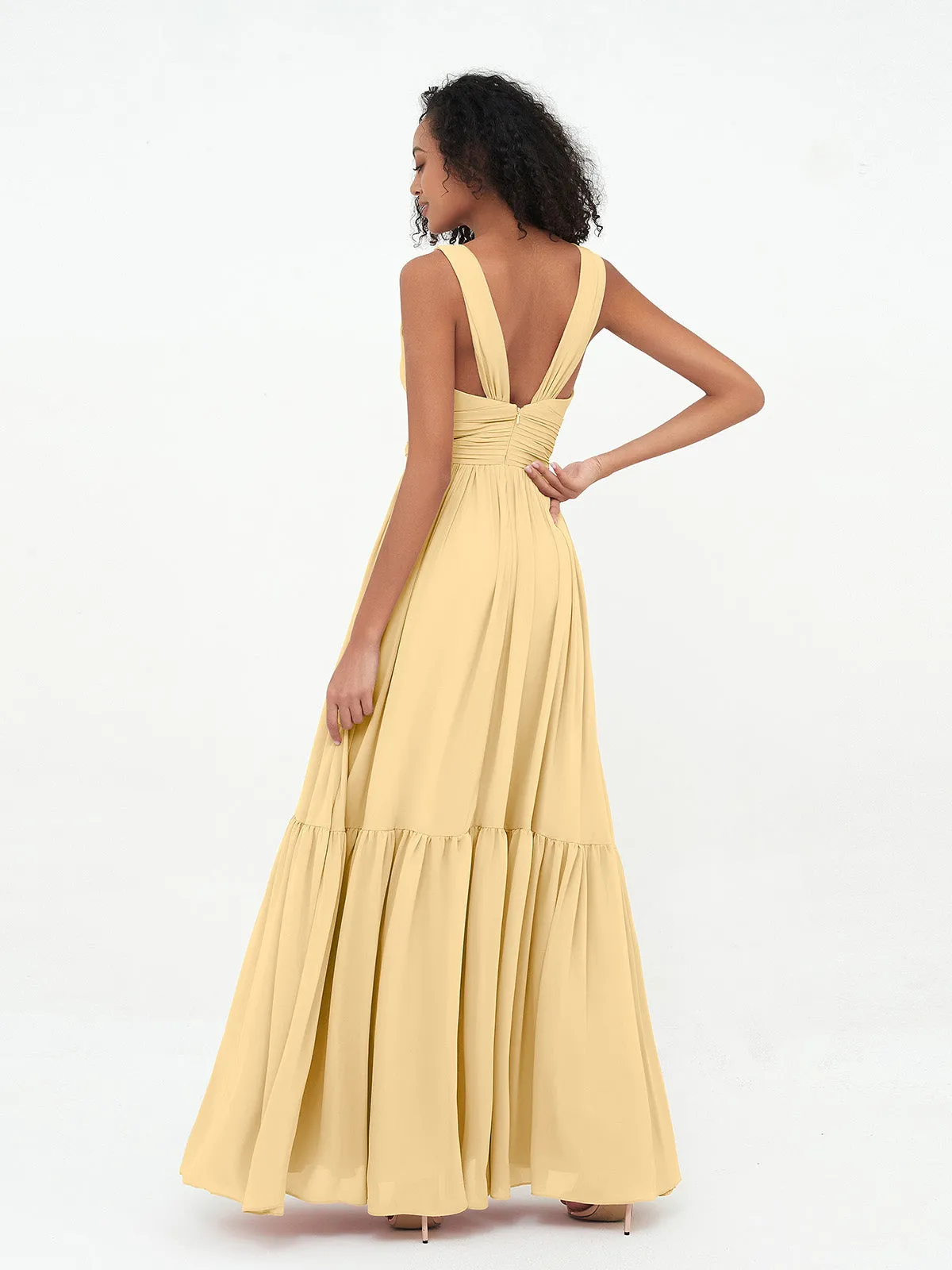 Deep-V Neck Chiffon Tiered Skirt Boho Dresses-Gold Plus Size