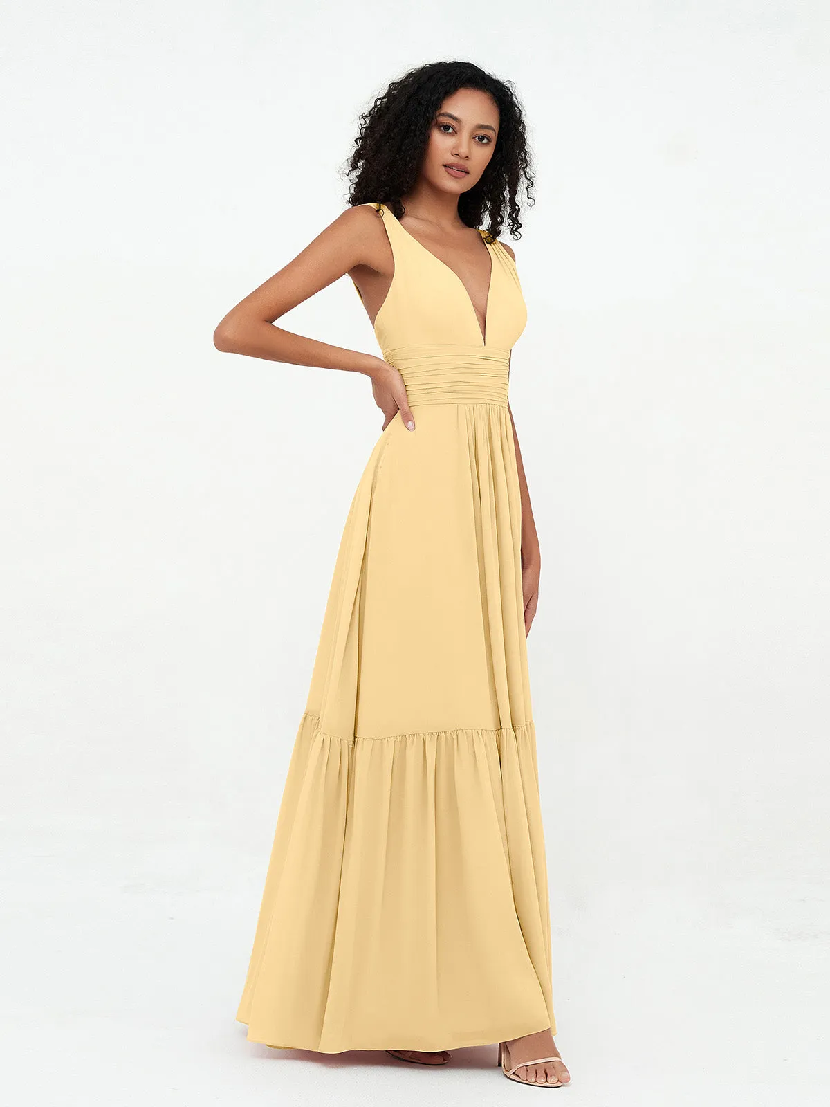 Deep-V Neck Chiffon Tiered Skirt Boho Dresses-Gold Plus Size