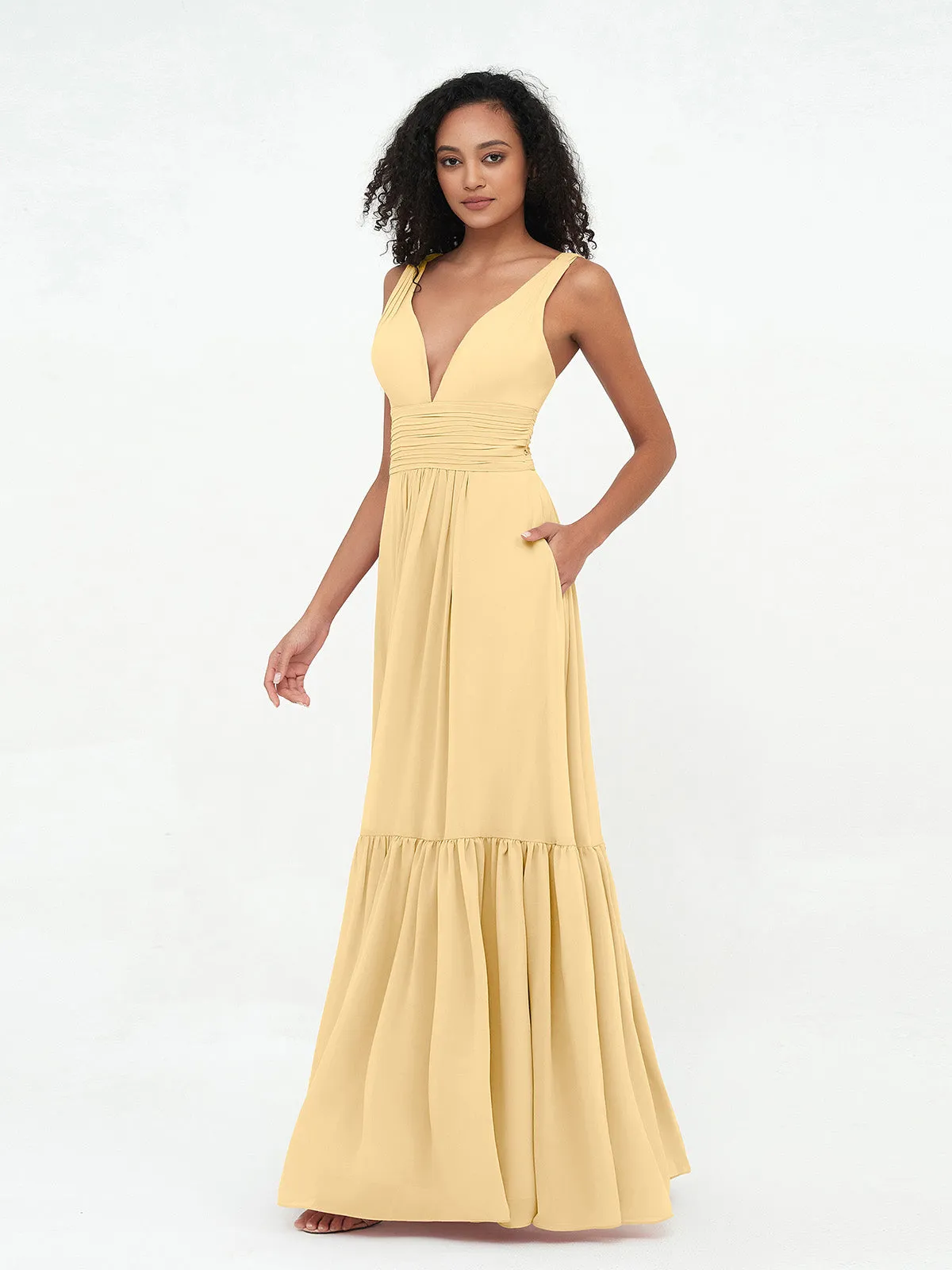 Deep-V Neck Chiffon Tiered Skirt Boho Dresses-Gold Plus Size