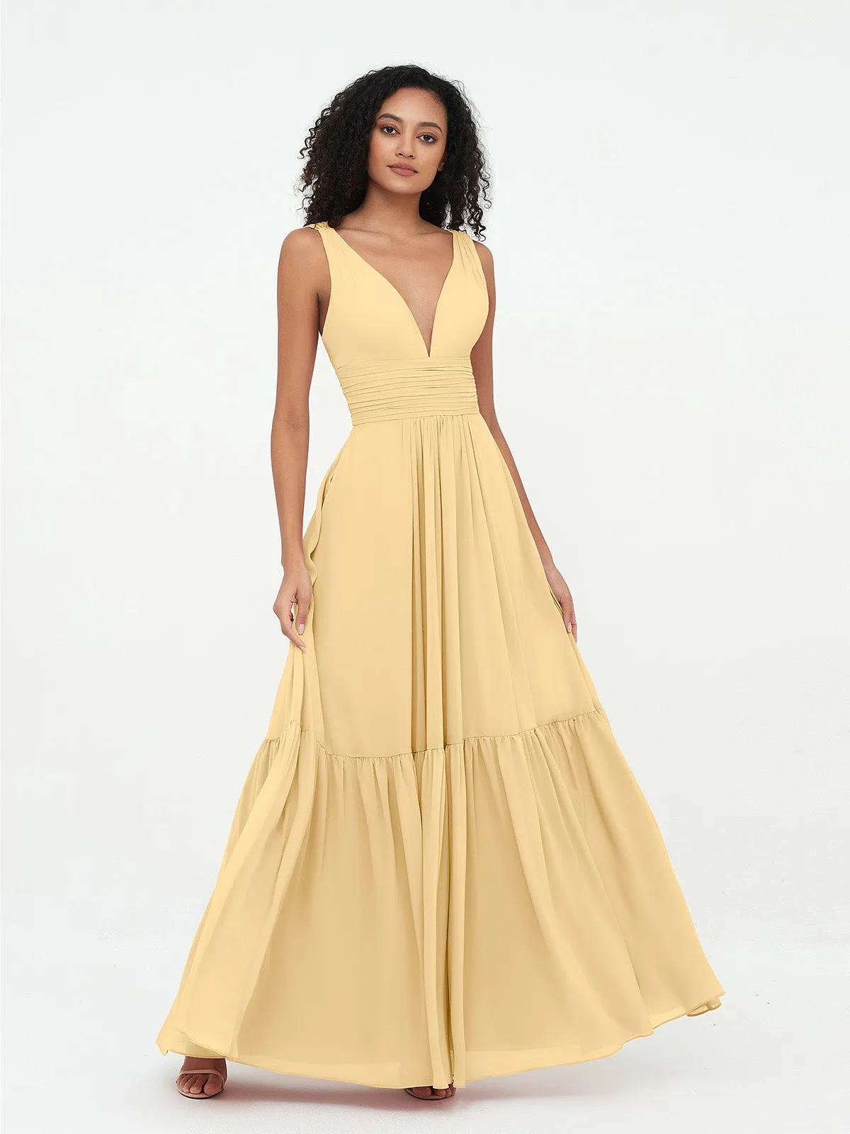 Deep-V Neck Chiffon Tiered Skirt Boho Dresses-Gold Plus Size
