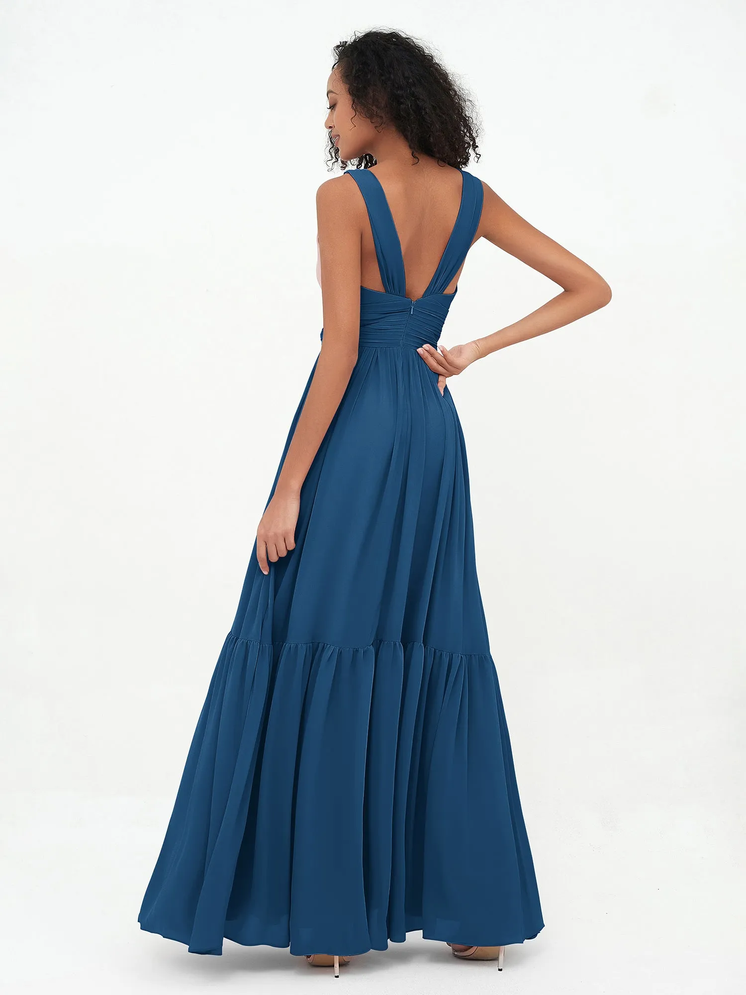 Deep-V Neck Chiffon Tiered Skirt Boho Dresses-Ink Blue Plus Size