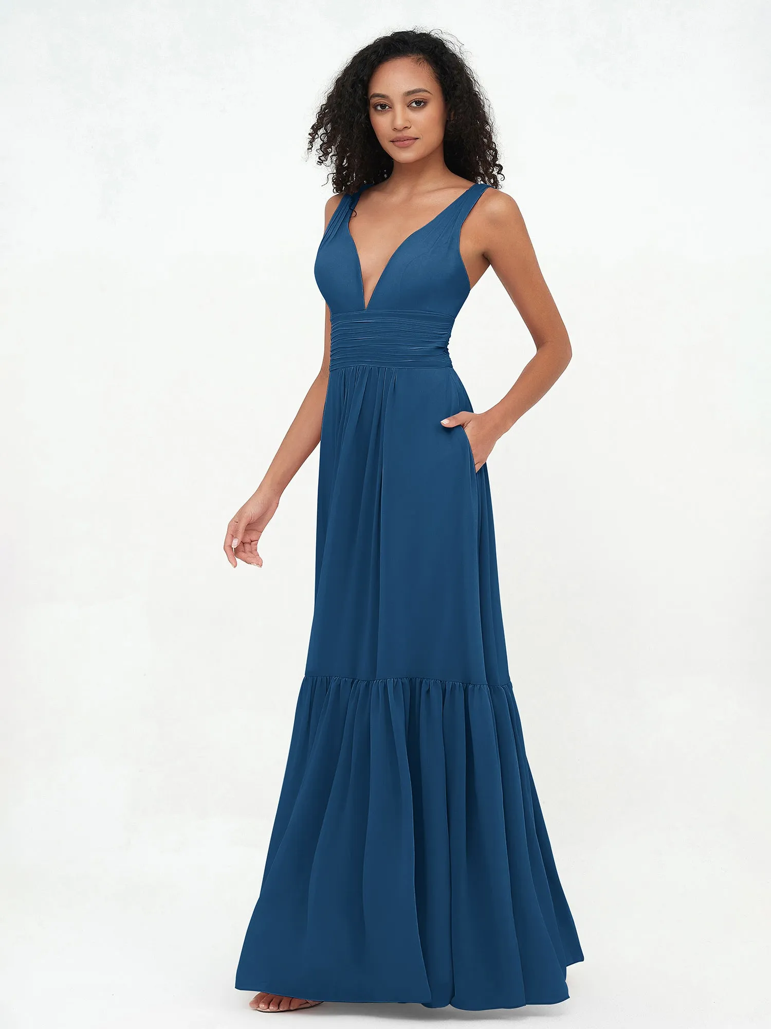 Deep-V Neck Chiffon Tiered Skirt Boho Dresses-Ink Blue Plus Size
