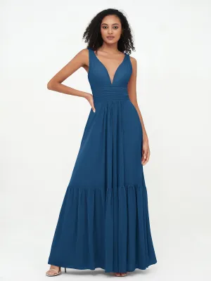 Deep-V Neck Chiffon Tiered Skirt Boho Dresses-Ink Blue Plus Size