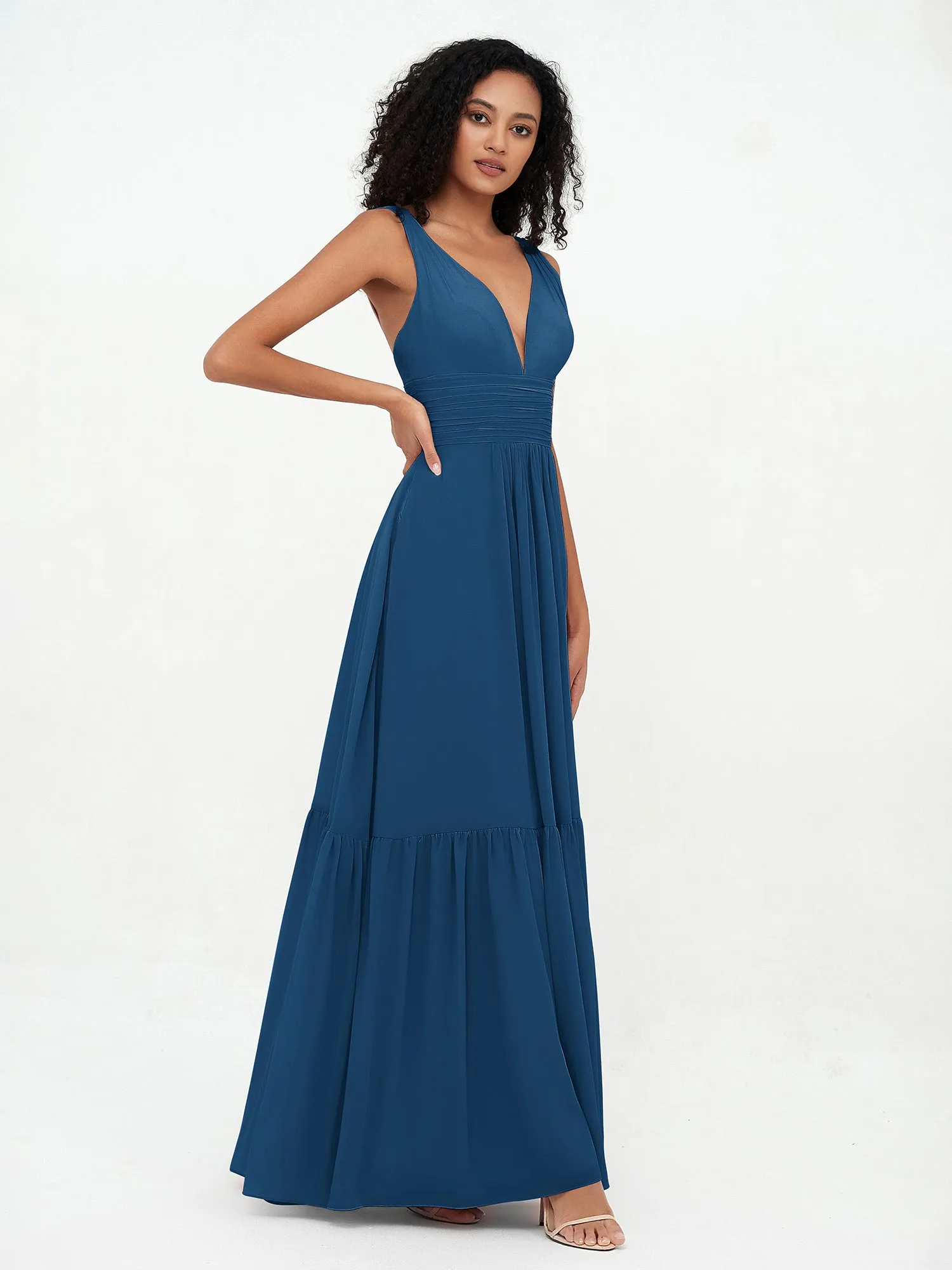 Deep-V Neck Chiffon Tiered Skirt Boho Dresses-Ink Blue Plus Size