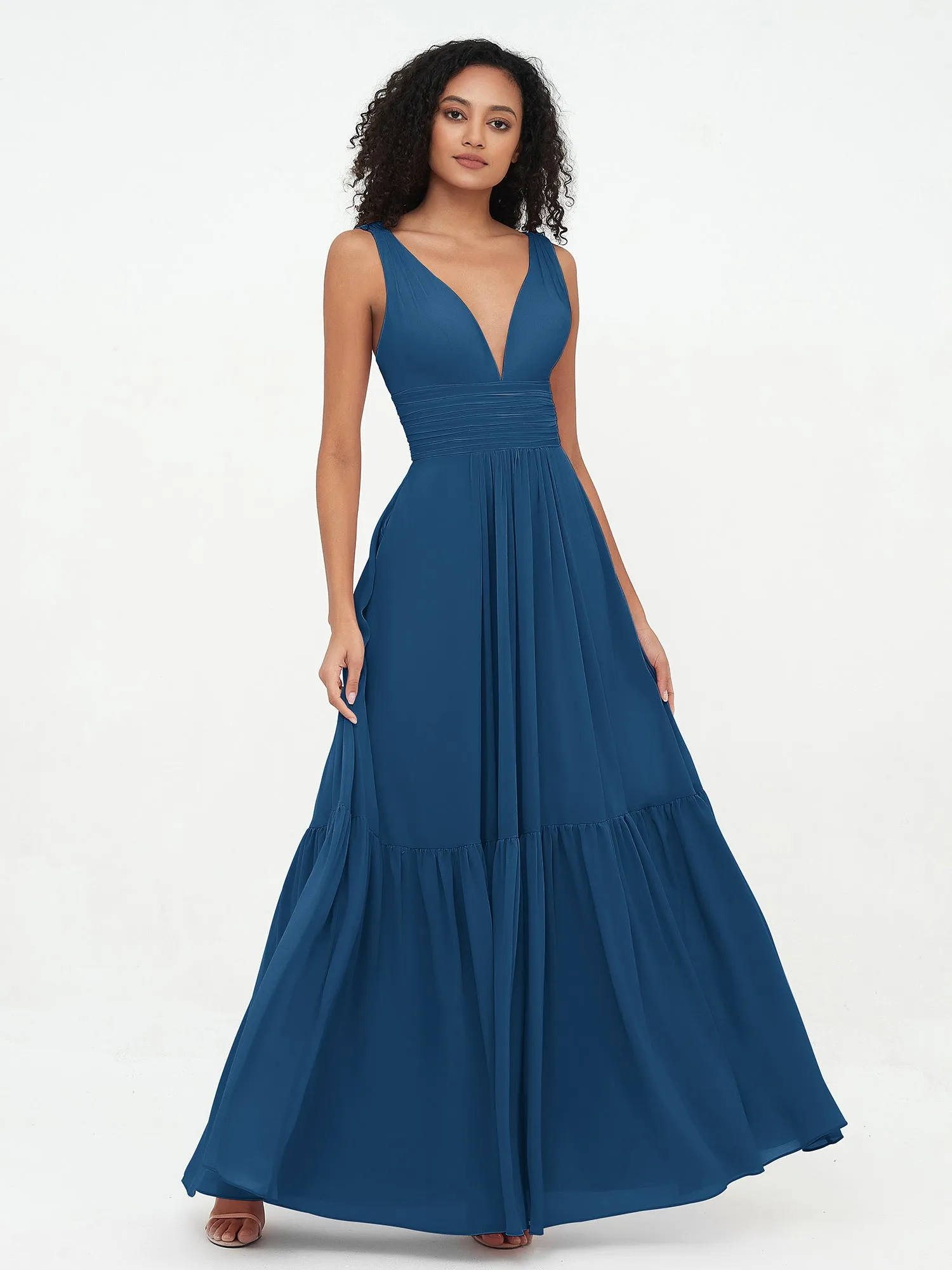 Deep-V Neck Chiffon Tiered Skirt Boho Dresses-Ink Blue Plus Size