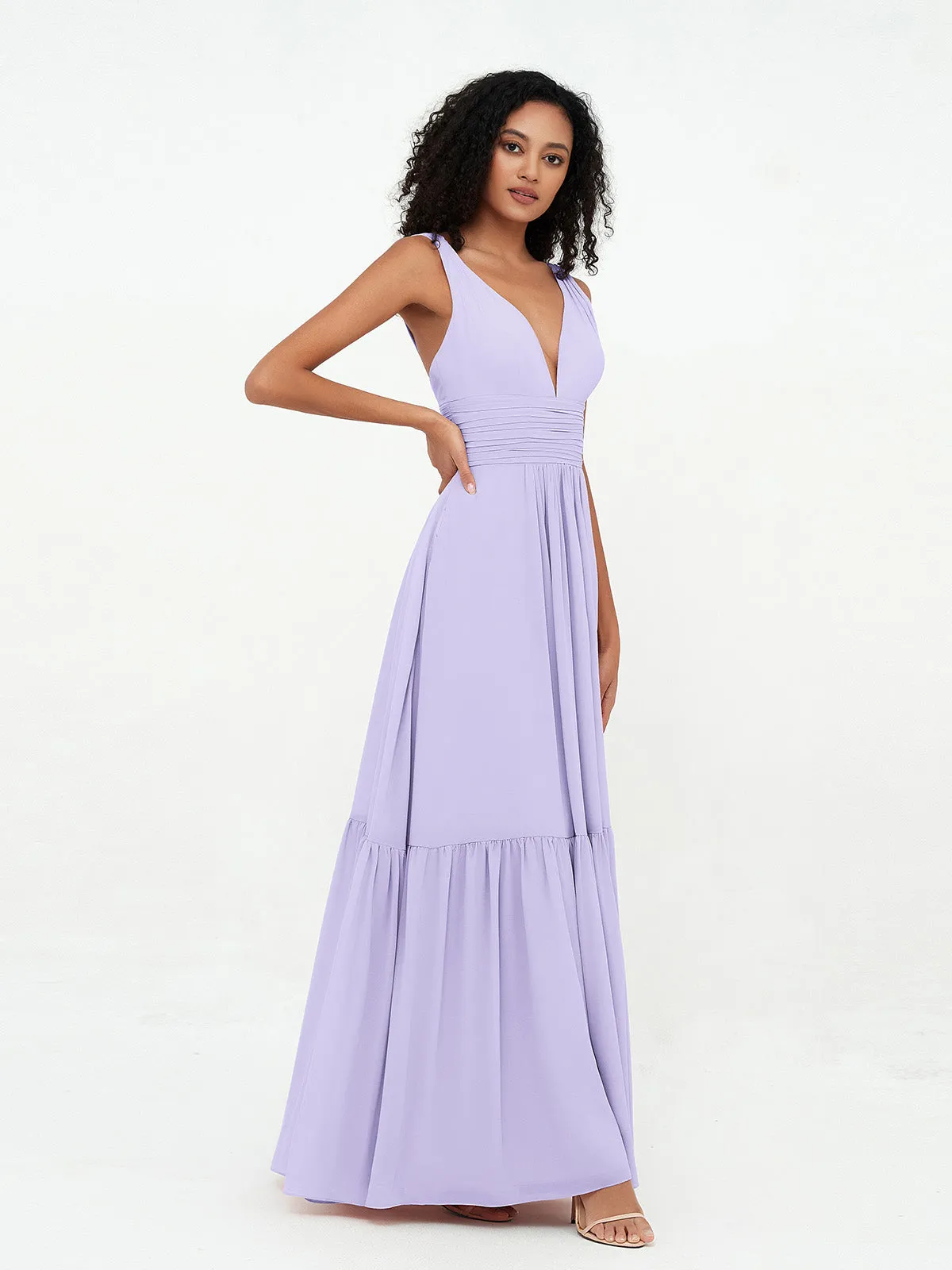 Deep-V Neck Chiffon Tiered Skirt Boho Dresses-Lilac
