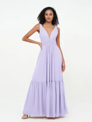 Deep-V Neck Chiffon Tiered Skirt Boho Dresses-Lilac