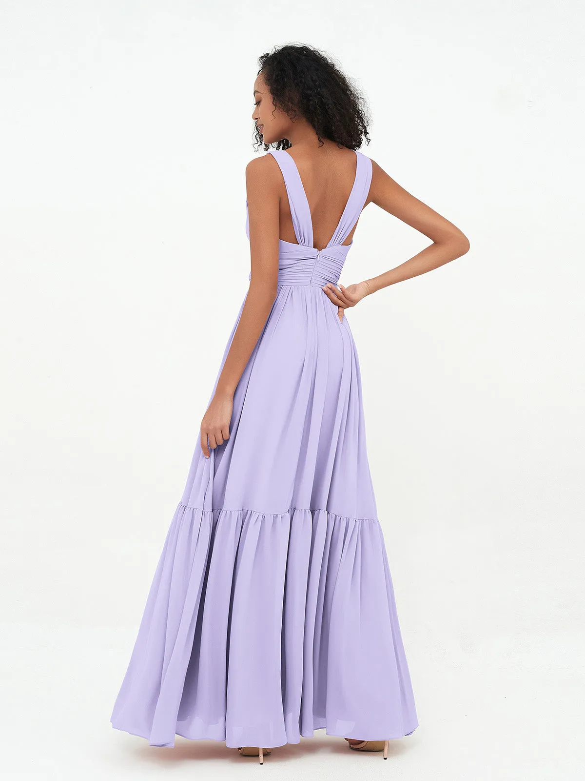 Deep-V Neck Chiffon Tiered Skirt Boho Dresses-Lilac