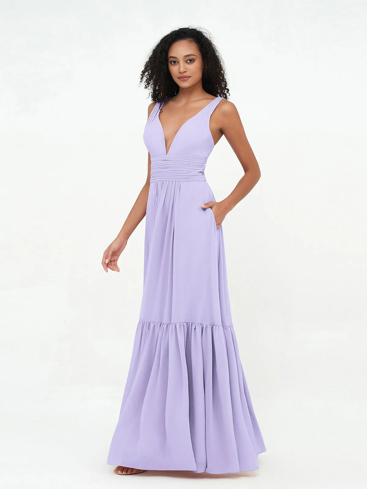 Deep-V Neck Chiffon Tiered Skirt Boho Dresses-Lilac