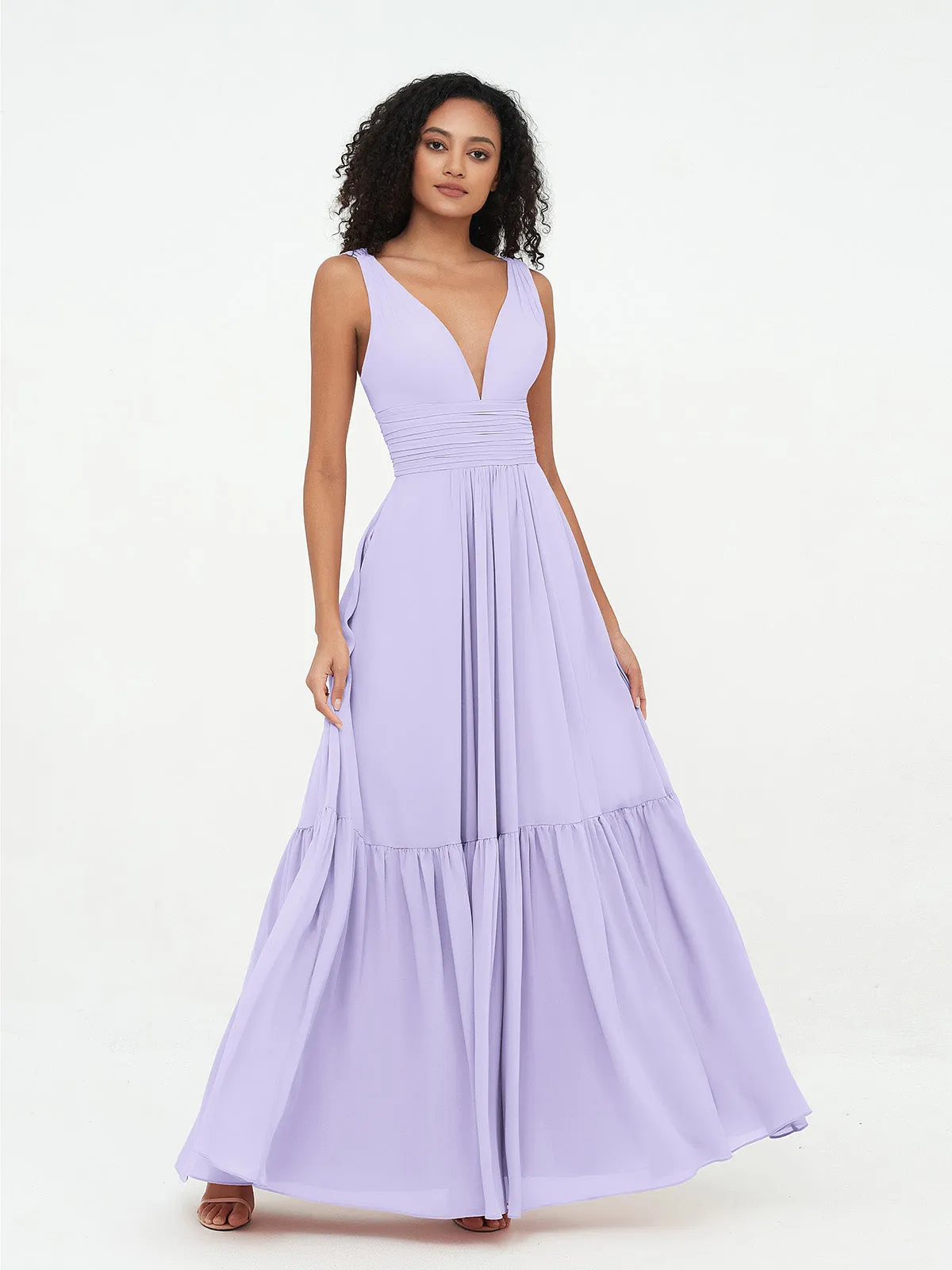 Deep-V Neck Chiffon Tiered Skirt Boho Dresses-Lilac