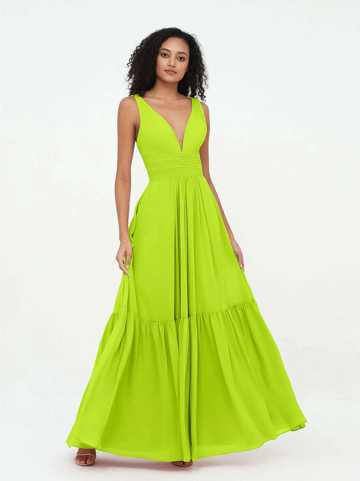 Deep-V Neck Chiffon Tiered Skirt Boho Dresses-Lime Green Plus Size