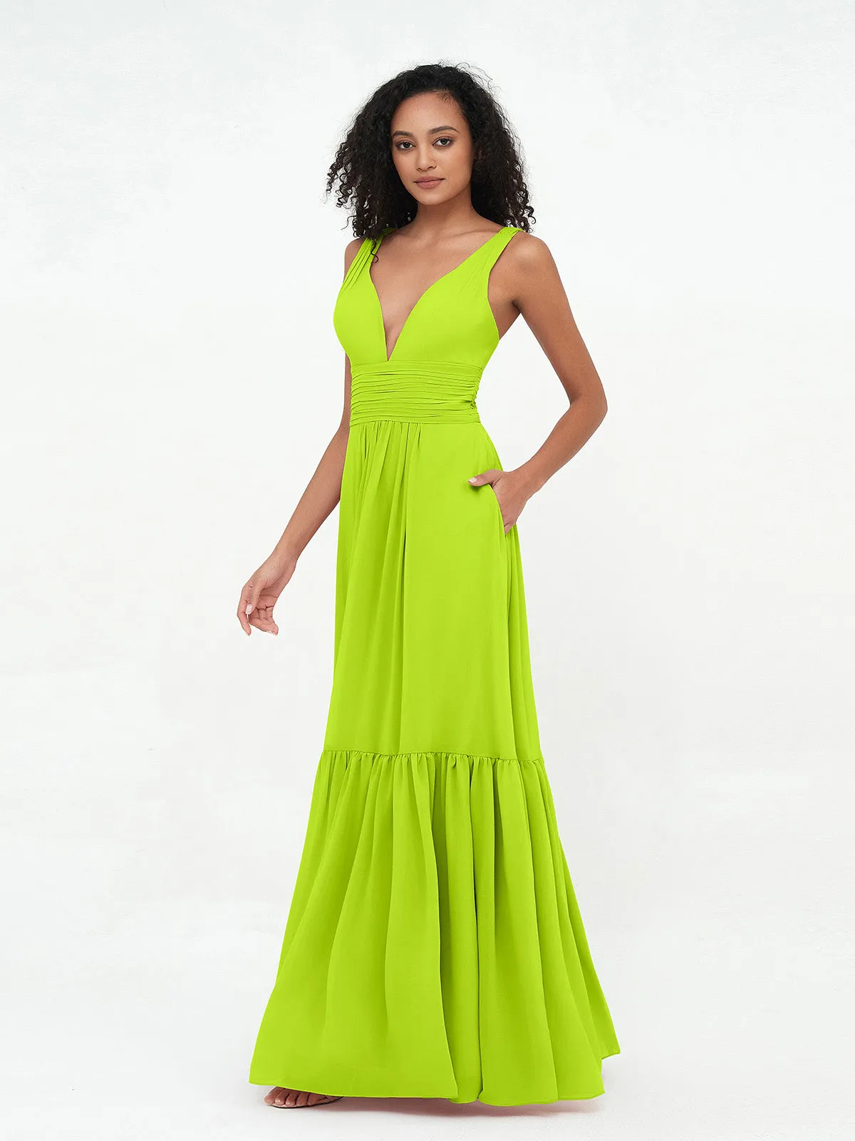 Deep-V Neck Chiffon Tiered Skirt Boho Dresses-Lime Green Plus Size