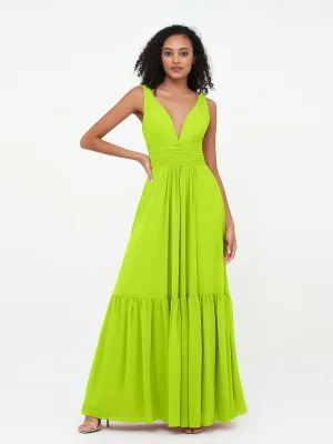 Deep-V Neck Chiffon Tiered Skirt Boho Dresses-Lime Green Plus Size